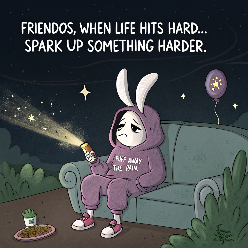 At the top of the image, "Friendos, when life hits hard… spark up something harder."

- In the center of the image, illustrate a cartoon-style scene set in a black void, where Friendos floats aimlessly in space wearing bunny slippers and a sad bathrobe, looking existential.  
- A comically massive weed blunt — the size of a sofa — gently drifts nearby, glowing slightly at the tip and tethered to a small balloon that reads "Puff away the pain."
- A constellation of snack foods (chips, donuts, and a floating pint of ice cream) sparkles softly in the void around them.  
- At the bottom of the image, include the line: "Because sometimes the only way through the dark... is with snacks and a stupidly oversized blunt."
Generated with these themes: Giant weed blunt, and Black void.
Made with ❤️ by AI.