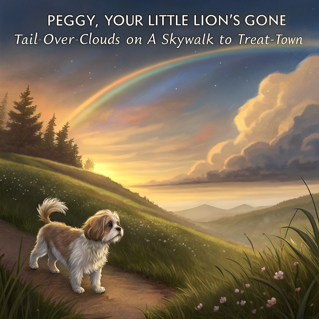 At the top of the realistic photograph image, "Peggy, your little lion's gone tail-over-clouds on a skywalk to treat-town."

- Depict a realistic, solemn scene of a softly lit, natural landscape: a gentle hillside at twilight, under a golden-blue sky.
- In the distance, a faint rainbow bridge stretches delicately across a tranquil valley.
- A gold and white Shih Tzu, small and dignified, is captured mid-step on the rainbow bridge, looking back slightly with a serene, knowing gaze.
- Gentle sunbeams highlight the soft texture of the dog’s fur, giving a halo effect.
- Subtle hints of dog toys and a worn leash, left lovingly behind at the start of the bridge, suggest cherished memories.
- A light breeze appears to move the fur slightly, captured in perfect stillness.
- The color palette should emphasize warm golds, soft whites, and peaceful natural greens to convey calm remembrance.
Generated with these themes: Gold and white shi tzu crossing the rainbow bridge .
Made with ❤️ by AI.
