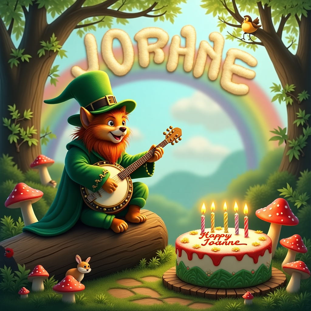 In the vibrant heart of an enchanted forest, a whimsical scene unfolds for Joanne's birthday greeting card. Perched on a moss-covered log is a jubilant leprechaun, clad in a luxurious emerald-green fur coat that glistens under the dappled sunlight filtering through the canopy above. The leprechaun strums a tiny banjo, its strings gleaming like spun gold, sending harmonious notes dancing through the air. Surrounding him, a circle of mushrooms, some capped with a fiery red hue, others with soothing pastel colors, add a fairy tale-like charm to the setting. In the background, a rainbow arches gracefully across the sky, the vibrant spectrum appearing as though it was painted by the sun itself. The clouds in the sky have whimsically formed the letters of Joanne's name, "JOANNE," stretching across the expanse in fluffy, cloud-script. As the leprechaun plays, tiny woodland creatures gather around, entranced by the melody; a curious fox, a pair of bunnies, and a few chirping birds perched on the branches above. In the foreground, a birthday cake is set atop a rustic tree stump, adorned with colorful icing that mimics the forest's wildflowers. The cake bears an inscription in delicate, frosting-script: "Happy Birthday Joanne," and is surrounded by lit candles that flicker with a magical, multicolored flame. The entire scene is a celebration of nature's wonders, the leprechaun's cheerful presence, and the joy of Joanne's special day.
Generated with these themes: Banjo playing leprechaun in a fur coat.
Made with ❤️ by AI.
