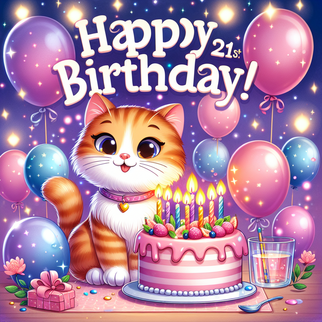 In a delightful cartoon birthday scene, a lovable ginger feline sits next to a lively cake, ablaze with glowing candles awaiting a wish. Behind, a selection of balloons in hues of pink, purple, and blue lightly float, enhancing the ambience. The phrase 'Happy 21st Birthday!' is displayed prominently above, culminating the scene with an earnest sentiment.
Generated with these themes: Ginger cat, sat next to a cake with candles on, balloons in the background, Happy 21st Birthday Lara!, and Pink, purple, blue theme.
Made with ❤️ by AI.
