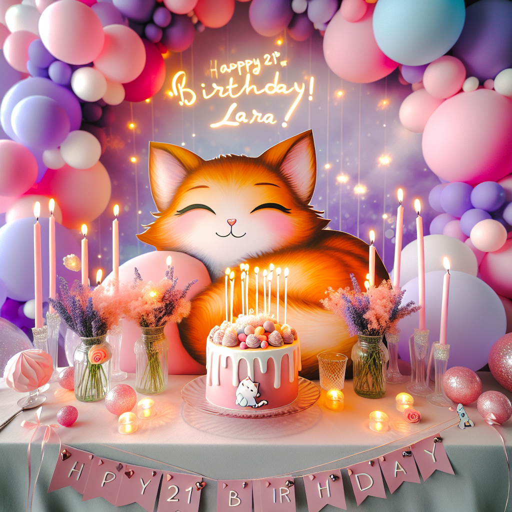 Ginger cat, sat next to a cake with candles on, balloons in the background, Happy 21st Birthday Lara!, and Pink, purple, blue theme Birthday Card