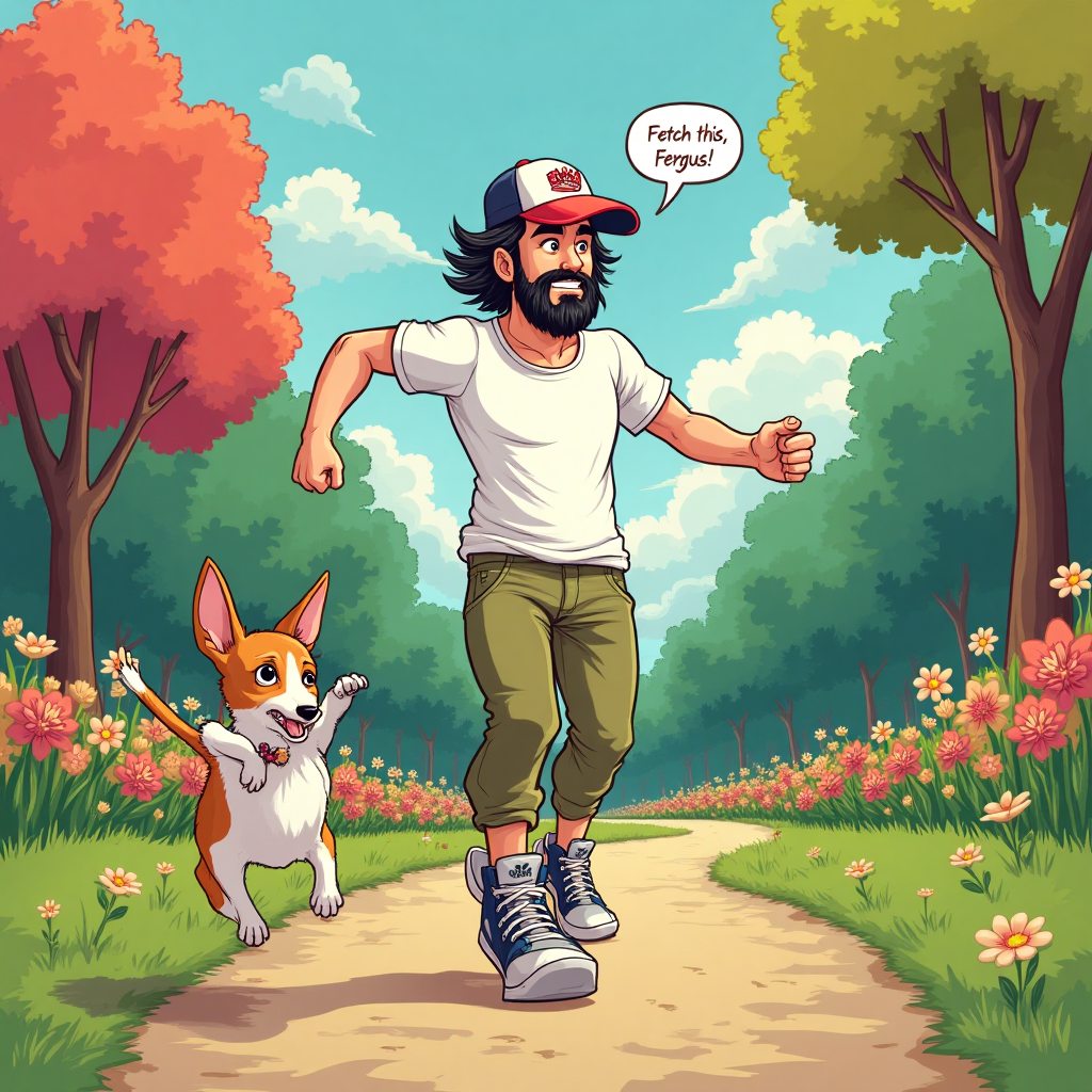 Man 6ft black grey hair khaki combats  adidas runners white T-shirt baseball hat, Tan and white Jack Russell pointed ears, and Birthday Card