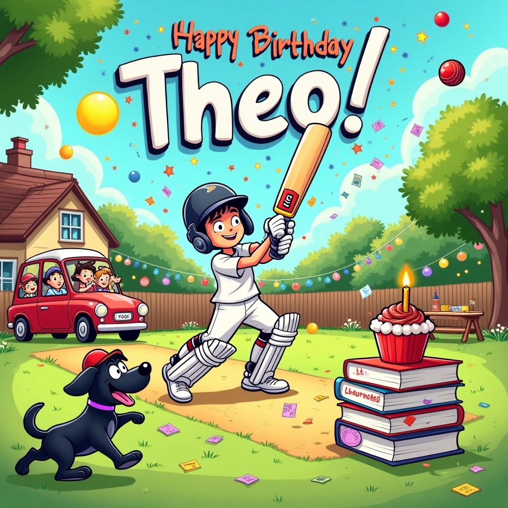 Cricket, black Labrador, studying A levels, learning to drive, parties with friends, and Birthday Card