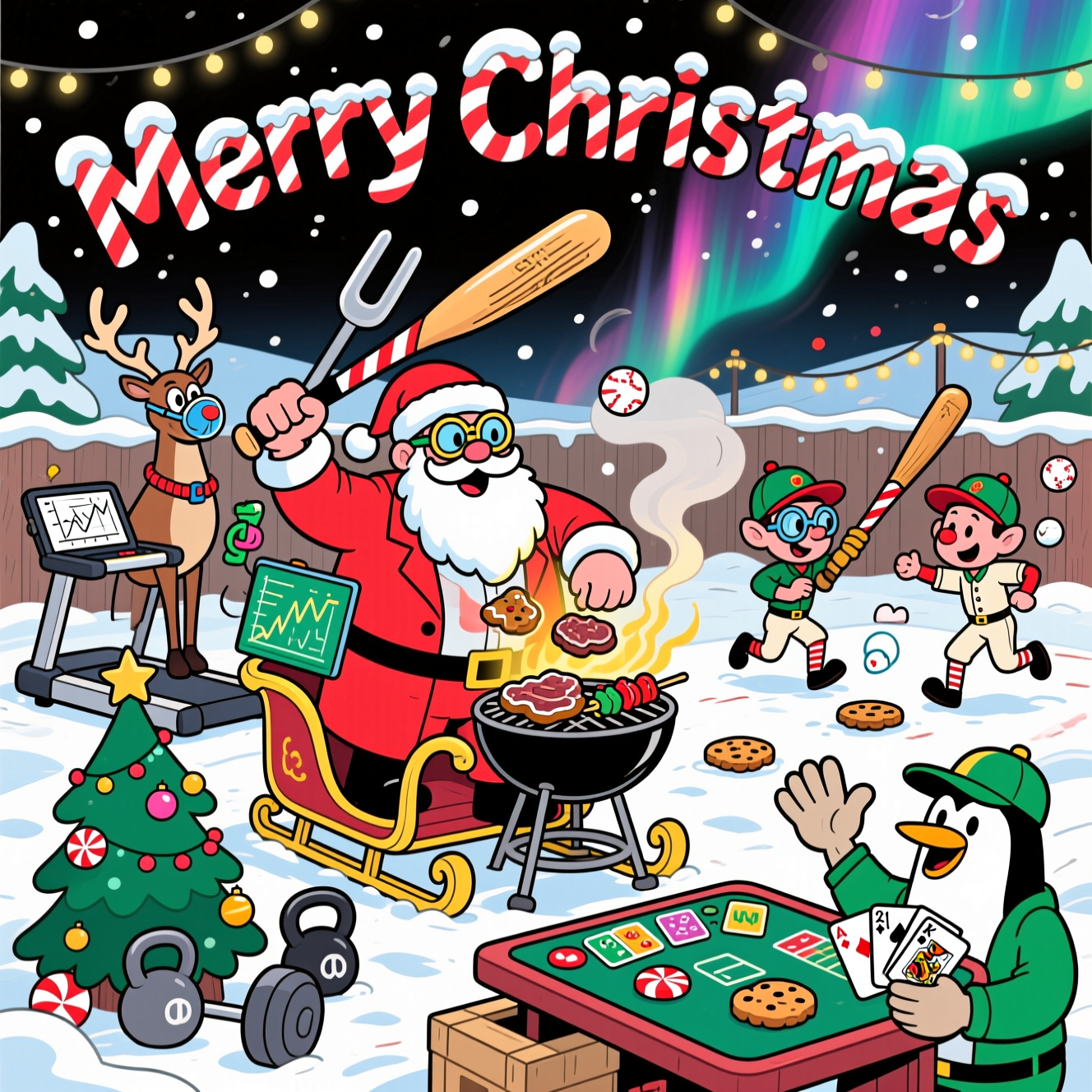 At the top of the Cartoon Style image, the text "Merry Christmas" in bold candy-cane striped lettering with frosty snow caps, arched across the sky.

Playful, funny, full-bleed cartoon scene with thick black outlines, bright saturated colors, and exaggerated, bouncy poses. A snowy North Pole backyard becomes a zany mash-up of exercise science, baseball, blackjack, and BBQ:

- Center: Santa, round and jolly, wears a red lab coat over his suit, wielding oversized grill tongs shaped like a candy-cane baseball bat. He flips sizzling gingerbread “steaks” and candy kebabs on a sleigh-shaped BBQ, with warm golden glow and sugary smoke swirls.
- Left: A reindeer on a treadmill, huffing cheerfully through a VO2 mask hooked to beeping sensors. An elf scientist with comically huge goggles monitors a tablet with doodled graphs (no words), while a peppermint-striped barbell and kettlebells shaped like ornaments sit nearby.
- Right: Two elves in vintage baseball uniforms, tiny bodies and giant caps, play snowball baseball. One elf corkscrews into a dramatic swing with a candy-cane bat as a marshmallow snowball whizzes past; cookie bases dot the snowy diamond.
- Foreground: A Christmas tree–shaped blackjack table on packing crates. A penguin dealer in a green visor fans festive cards; an elf’s hand shows an Ace and a King (21) as a polar bear pal throws paws up in triumph. Chips look like stacked peppermint candies.
- Background: Twinkling string lights, aurora colors, bouncing snowflakes, and motion lines create an energetic, whimsical vibe. Palette bursts with cherry reds, pine greens, icy teals, and golden grill highlights.

At the bottom, a small ribbon caption (one line, cheeky): “Reps, bats, and blackjack—let’s get fired up!”

No other text on the image.
Generated with these themes: Exercise science, baseball, blackjack, BBQ , and .
Made with ❤️ by AI.