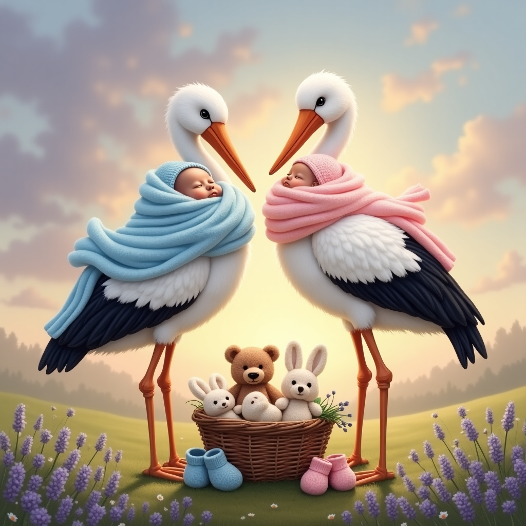 Front and center, place a vividly realistic photograph-style depiction of two storks standing proudly. One stork is holding a blue bundle wrapped snugly, with just the tiniest peek of a chubby baby boy's face visible, nestled comfortably within soft, pale blue fabric. The other stork mirrors this, carrying a pink bundle with a glimpse of a baby girl's face, wrapped in delicate, pastel pink material.

The storks are detailed with crisp white feathers, accented by striking black wingtips and long, slender orange legs and beaks. Their eyes are sharp and expressive, giving a lifelike quality to the scene.

The background is a serene countryside landscape, painted in soft, realistic hues. A vast sky painted in gentle twilight tones, with faint brushstrokes of lavender and pink, stretches across the top, suggesting the break of dawn. Beneath this sky, a field of wildflowers, with dashes of purple lavender and white daisies, sprawls out, providing a soft and welcoming ground for the storks.

Nestled in the lower foreground, subtly tucked into the scene, is a wicker basket filled with plush toys—tiny teddy bears and cuddly bunnies—in muted tones of cream and light brown, adding a touch of whimsy. To the side, a pair of tiny, knitted booties—one blue and one pink—rest on the grass, casting soft shadows that add depth and realism.

The entire scene is imbued with a sense of photorealistic detail, capturing the delicate texture of the fabrics, the sheen of the storks' feathers, and the intricate detailing of the wildflowers, all brought together in a harmonious tableau celebrating new life.
Generated with these themes: baby boy and baby girl.
Made with ❤️ by AI.