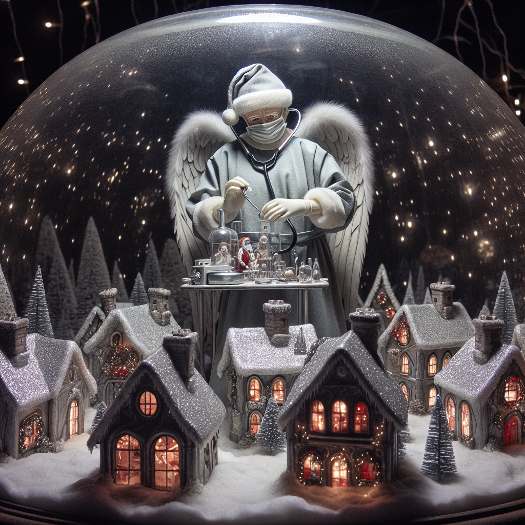 On a silver-tinged night, a Christmas village sits under a bell jar dome, each miniature house shaped like different organs of the body. At the center, a surgeon in a Santa Claus outfit with gossamer wings performs delicate procedures on the chimneys of the heart-shaped house, while the air is filled with the melody of carolers humming in an unknown but harmonious language, their voices mingling with the jingle of stethoscopes.
Generated with these themes: surgeon.
Made with ❤️ by AI.