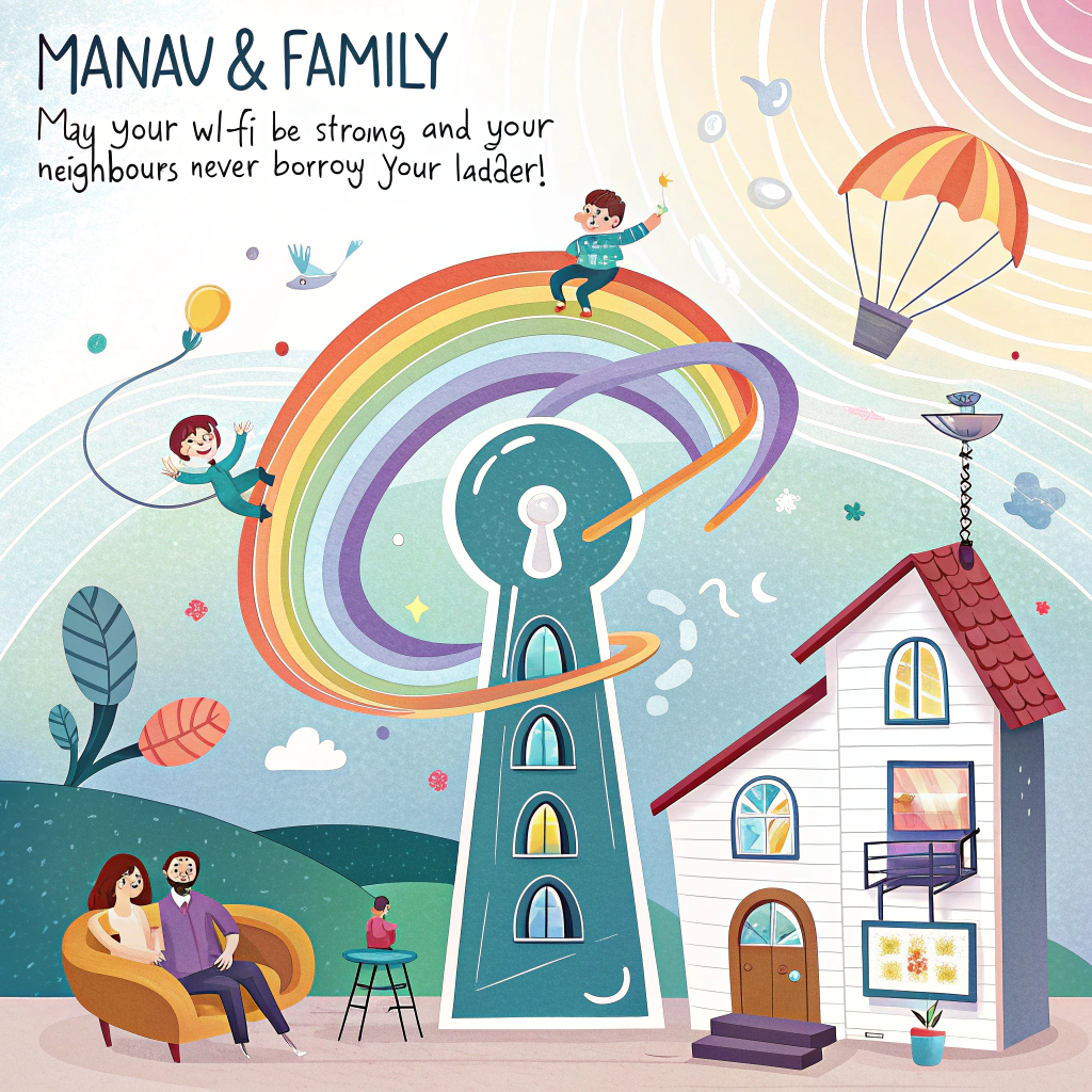 At the top of the image, "Manav & Family: May your Wi-Fi be strong and your neighbours never borrow your ladder!"  

- The image is abstract and colorful with floating furniture pieces playfully orbiting a giant glowing house key shaped like a rocket.  
- Swirls of bright, swirling energy represent laughter, joy, and opportunity zooming out from every open window of a whimsical, cube-shaped house floating in space.  
- Cheeky doodles of socks dancing, a couch riding a rainbow, and a coffee cup wearing sunglasses are scattered across the composition to add a touch of silliness and celebration.
Generated with these themes: Dear Manav & Family,  Congratulations on your beautiful new home! May it be a place filled with joy, laughter, and lasting memories. Wishing you all the happiness, peace, and love as you begin this new chapter.  Here’s to warm beginnings and a home full of blessings. May every room echo with laughter and every window open to great opportunities..
Made with ❤️ by AI.
