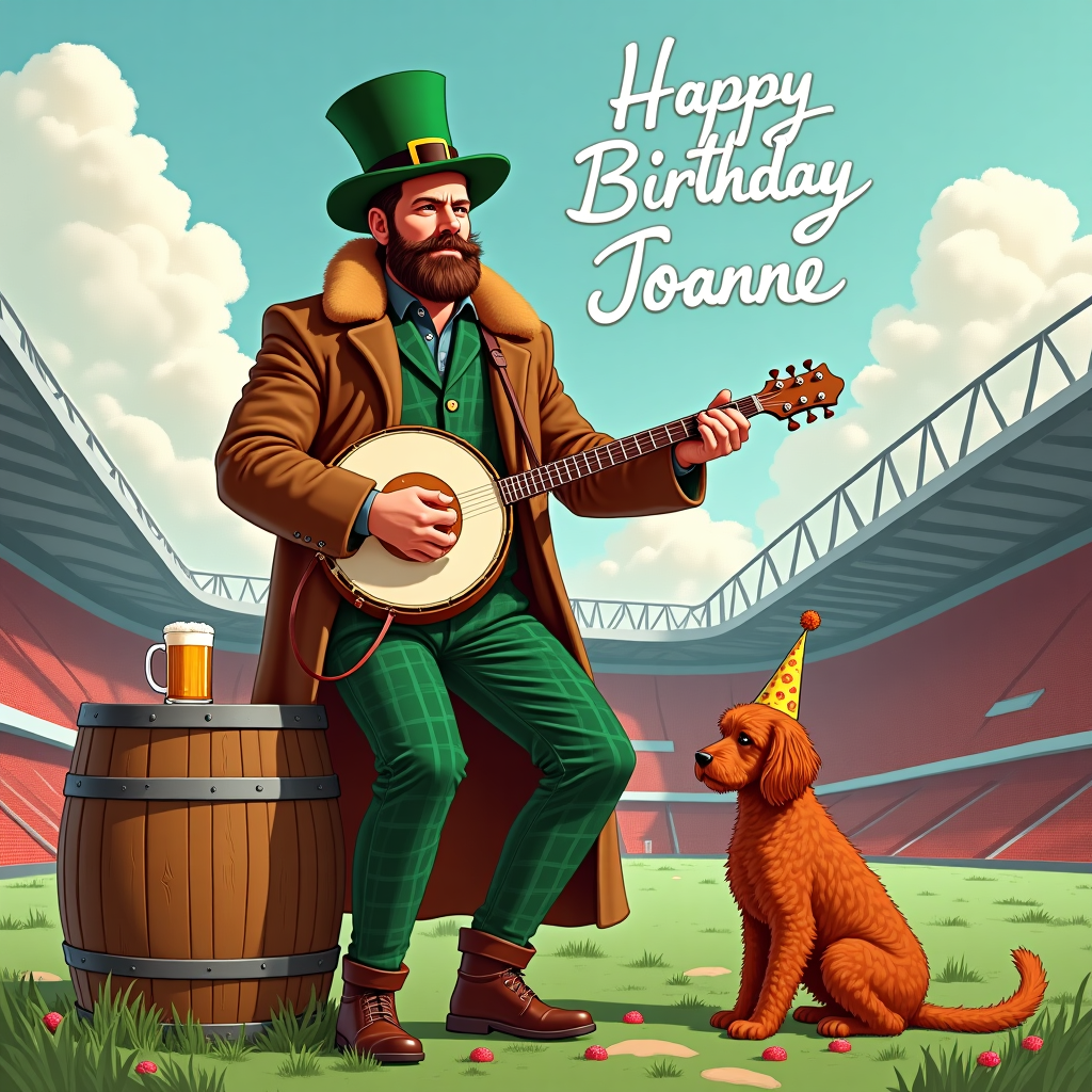 In the foreground of this whimsically solemn birthday illustration, Ben Affleck stands as a towering figure adorned in a vibrant green leprechaun hat perched jauntily atop his head, its golden buckle gleaming in the soft Manchester sunlight. Draped around his broad shoulders is a luxurious brown fur coat that contrasts with the intricate plaid of his trousers. He is captured mid-strum on a rustic banjo, its wooden body beautifully varnished, emitting imaginary notes that seem to dance in the crisp air. In his other hand, he clutches a robust stein of beer, the frothy foam threatening to spill over the sides with each vigorous chord. 

Next to Ben, an oak whiskey barrel sits prominently, its surface polished yet aged, with a touch of moss clinging to its base as if it has stood sentinel for years. Leaning comfortably against the barrel is a red labradoodle, its curly fur tousled by the gentle breeze. The dog's eyes are bright and curious, and it holds a small, festive birthday hat on its head, adding a touch of playful absurdity to the scene.

The backdrop reveals the iconic red-bricked façade of Old Trafford, Manchester United's legendary stadium, its towering structure casting a soft shadow on the scene. The rich red and white hues of the stadium blend with the sky, where fluffy white clouds spell out "Happy Birthday Joanne" in delicate, flowing script, as if the wind itself took part in crafting this message. The words float gently above, offering a heavenly blessing to the birthday scene below.

To complete the setting, a subtle garden of wildflowers grows along the scene's edges, their petals nodding in agreement with the joyful banjo tunes, creating a harmonious tapestry of color and life around this unique tableau. Each element is meticulously detailed, ensuring that the visual narrative tells a story as whimsical and captivating as the characters it portrays.
Generated with these themes: Ben affleck with a leprechaun hat, Wearing a brown fur coat, Playing the banjo, Holding a stein of beer, Standing next to a whiskey barrel, Outside old Trafford , and Next to a red labradoodle.
Made with ❤️ by AI.