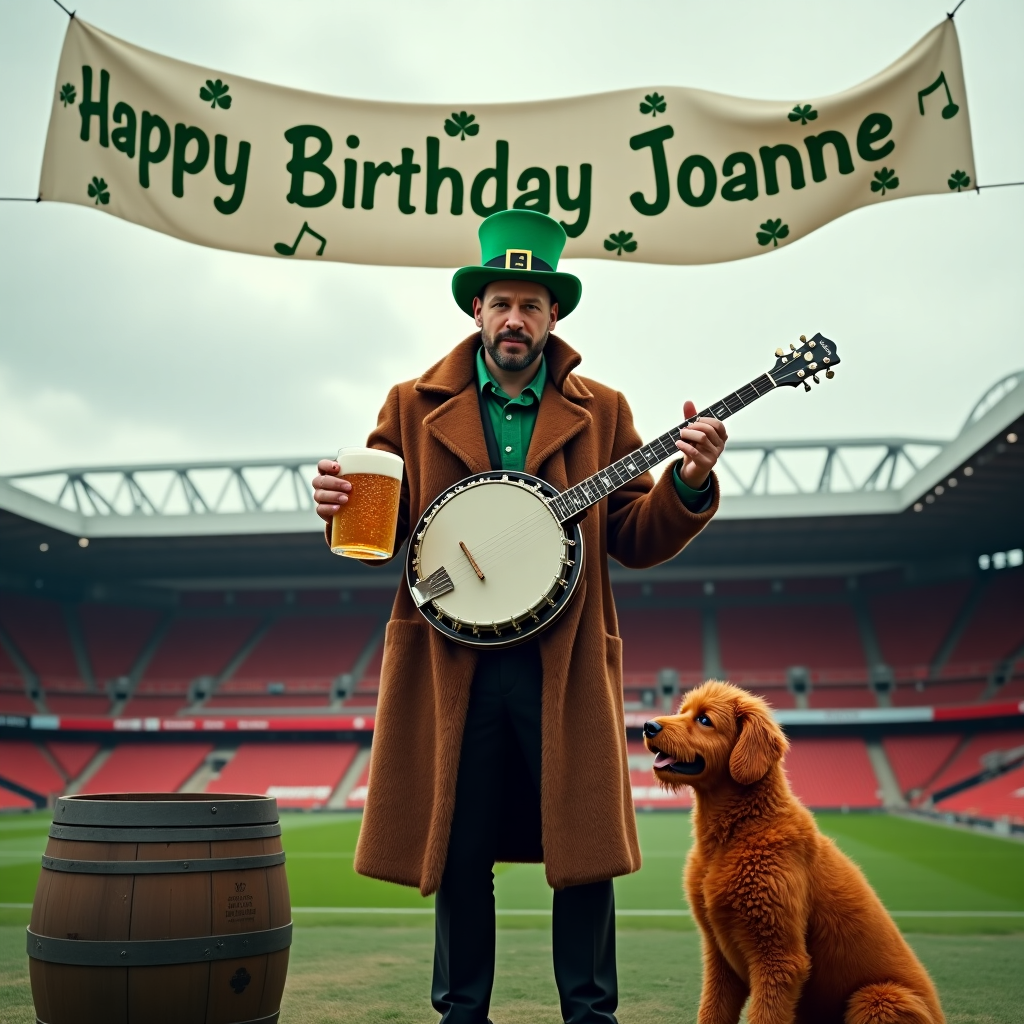 Under a slightly overcast sky that hints at Manchester's unpredictable weather, the scene unfolds outside the iconic Old Trafford stadium, its towering stands visible in the background. Ben Affleck stands at the forefront, exuding a unique mix of sophistication and whimsy. On his head, a jaunty green leprechaun hat perches, its brim slightly tilted to one side. Wrapped around his shoulders is a luxurious brown fur coat that cascades down to his knees, complementing the earthy tones of the scene. In his hands, he strums a banjo, its glossy wooden body catching the occasional glint of light, fingers dancing over the strings in a melody unheard but vividly imagined.

In his other hand, Ben confidently holds a large stein of beer, frothy foam spilling over the edge, as though celebrating a personal triumph or a special occasion. By his feet, a stout whiskey barrel rests, hinting at the rich history and spirited tales shared over its contents. Next to him, a lively red labradoodle sits attentively, its curly coat vibrant against the muted surroundings. The dog gazes up at Ben, perhaps intrigued by the unusual ensemble or the music he produces.

Above them, a whimsical banner stretches across the sky, gently swaying in the breeze. It reads "Happy Birthday Joanne" in bold, cheerful letters, seemingly painted in the clouds themselves. The letters are adorned with little illustrations of shamrocks and musical notes, tying the scene's elements together in a celebration of life and joy. The overall composition harmoniously blends the charming and the surreal, creating an unforgettable birthday greeting for Joanne.
Generated with these themes: Ben affleck with a leprechaun hat, Wearing a brown fur coat, Playing the banjo, Holding a stein of beer, Standing next to a whiskey barrel, Outside old Trafford , and Next to a red labradoodle.
Made with ❤️ by AI.