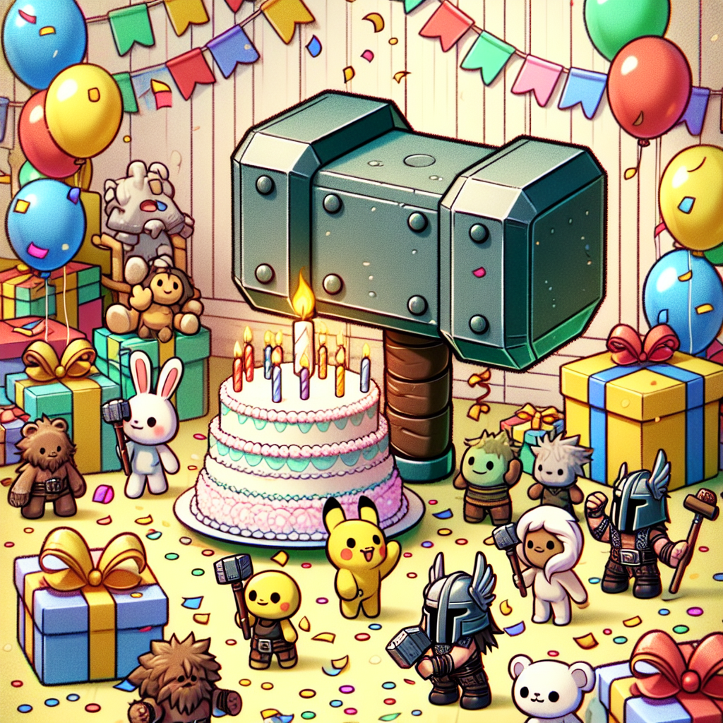 Imagine a gentle-tone, cartoon-style image that depicts a lively birthday party. The scene is lavishly decked out in ribbons and confetti in the backdrop. A cuddly toy resembling a classic battle hammer is situated among the array of presents. Cartoon characters from various descents and genders, appear engaged in friendly skirmishes, each brandishing small-scale versions of the known battle hammer. Centered in the scene is a birthday cake, with a theme-compliant hammer as its topper. It stands prominently on a table scatter-decorated with joyful ornaments.
Generated with these themes: Warhammer.
Made with ❤️ by AI.