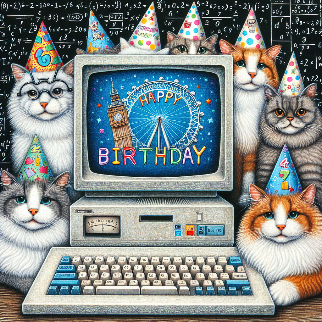 Cats, Computers, Maths, and London Birthday Card