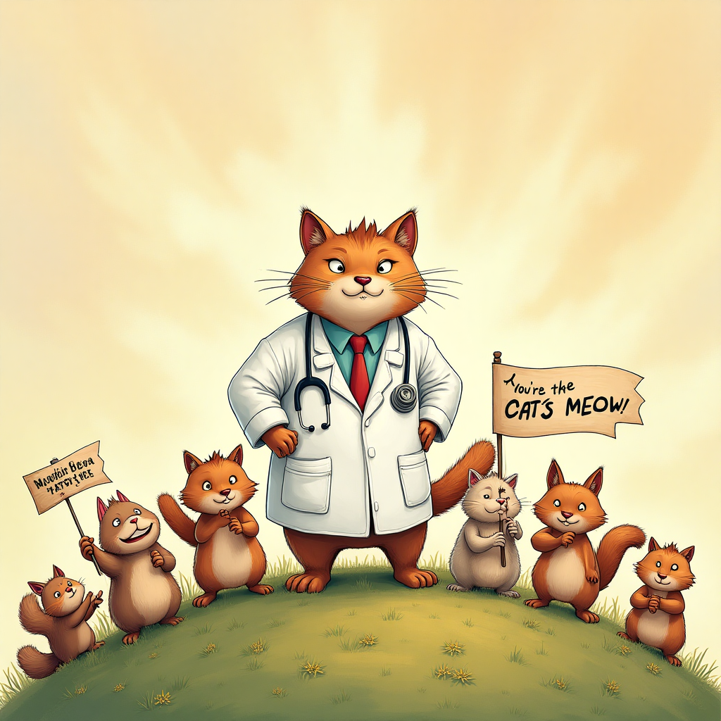 At the top of the Illustration Style image, "Congratulations"

---

**Image Description:**

A whimsical scene featuring Dr. Cat, an anthropomorphic feline with a wry smile, donning a comically oversized doctor's coat and stethoscope. Dr. Cat stands proudly on a small hill surrounded by a group of animated animals, all clapping and cheering with joy. In the foreground, a mischievous squirrel holds up a tiny banner that reads, "You're the cat's meow!" The sky is a swirl of warm pastels, enhancing the cheerful atmosphere. The overall composition is playful, with fine linework capturing the details and textures of the fur and foliage, and a warm, inviting color palette that brings a sense of joy and celebration to the scene.
Generated with these themes: Dr Cat, and .
Made with ❤️ by AI.