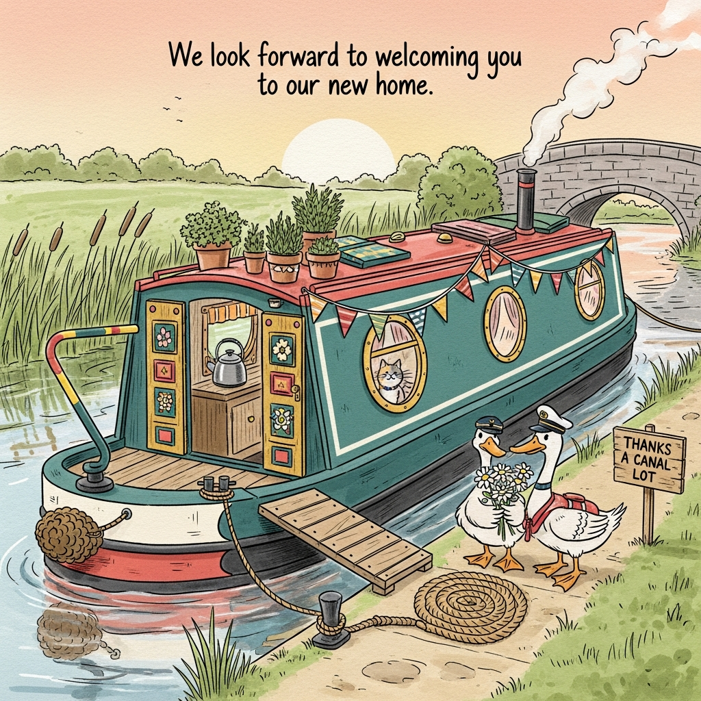 At the top of the Illustration Style image, We look forward to welcoming you to our new home 

A hand-drawn, funny scene of a cozy narrowboat moored on a calm canal at golden hour. Fine, expressive linework with textured brush strokes and visible paper grain; a warm palette of teal, brick red, mustard, moss green, and peachy sky. The narrowboat sits center stage with bunting strung from bow to stern, potted herbs and flowers along the roof, and a tiny chimney puffing a friendly curl of smoke. A short gangplank meets the towpath where a coiled rope-doormat awaits. Two cheeky ducks form a “welcoming committee”: one in a tiny captain’s hat, the other presenting daisies; playful, cartoony expressions. Through round portholes, glimpses of a snug interior: a steaming kettle and a curious cat in a little lifejacket. A stone canal bridge and reeds frame the background; water reflects the boat and bunting in rippled, painterly strokes. Balanced composition with soft shadows, subtle ink hatching, and watercolor-like washes. Top text is hand-lettered in a friendly, bold script with dark ink and a warm off-white outline for legibility. Add one small extra caption integrated into the scene: hand-lettered on a little wooden sign leaning against the mooring bollard, reading: “Thanks a canal lot!” Keep all other elements text-free.
Generated with these themes: Narrow boat , and .
Made with ❤️ by AI.