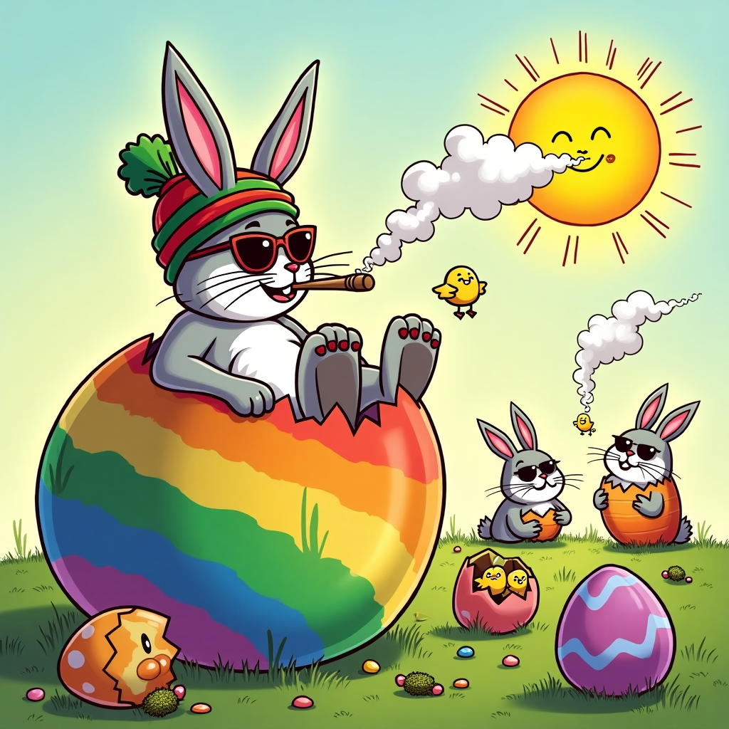 At the top of the cartoon image: "Hoppy 420ster, Juan — Let’s get egg-stremely baked!"

**Image Prompt:**

A colorful cartoon scene with a chill, laid-back Easter Bunny lounging on a giant rainbow-colored Easter egg that's been painted like a tie-dye cannabis leaf. He's wearing stoner shades, a Rasta beanie, and puffing on a massive, rolled carrot-shaped joint, which emits swirls of green, purple, and yellow smoke forming tiny dancing Easter chicks with red eyes. Around him, Easter eggs have been cracked open revealing tiny nugs inside instead of candy. In the background, a few more stoned bunnies with bloodshot eyes are giggling in a haze while rolling eggs in zig-zag rolling papers. The sun has a mellow face and is blowing a puff of smoke from behind a fluffy cloud shaped like a pot leaf. Overall tone: high-spirited, pun-filled, and adorably dazed.
Generated with these themes: EASTER RABBIT, MARIJUANA, 420, SMOKING, and .
Made with ❤️ by AI.