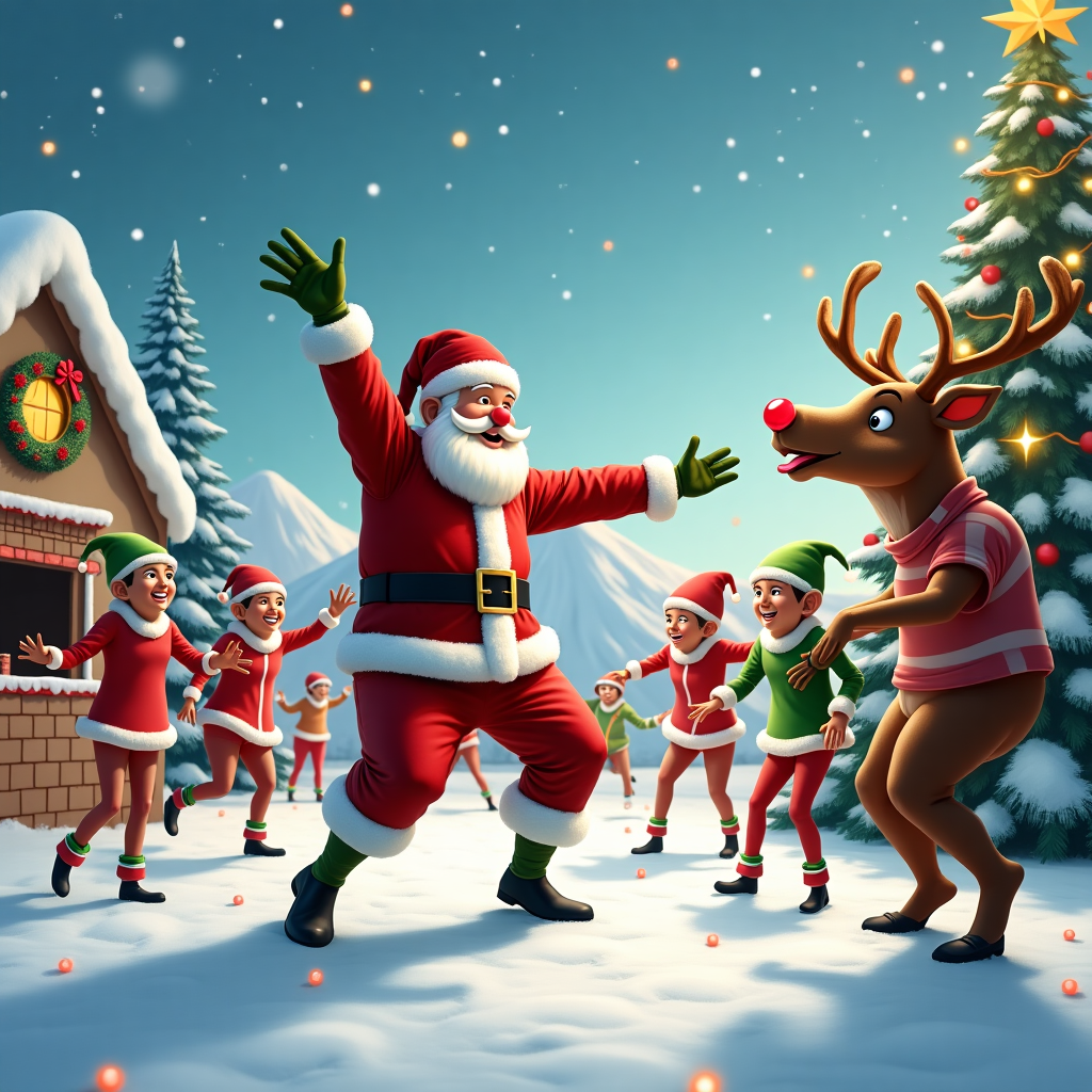 In a whimsical, bustling winter wonderland setting, the snow gently blankets the landscape, creating a pristine white canvas for a lively and humorous scene. At the center of this festive spectacle is Santa Claus himself, dressed not in his traditional garb but in a vibrant red and white Zumba outfit, complete with a headband and leg warmers. He's leading a merry group of elves and reindeer in a high-energy Zumba session, their exaggerated dance poses capturing the exuberant movement. The elves, sporting matching green and red clubbercise neon glow wristbands and headbands, are grooving to the beat, their faces animated with concentration and joy. One elf is mid-leap, frozen comically in the air, eyes wide, while another has its tongue sticking out in concentration as it attempts a particularly tricky move. Nearby, Rudolph the red-nosed reindeer, with a nose glowing so brightly it casts a warm glow, attempts a clumsy twirl, accidentally entangling his antlers with twinkling Christmas lights. In the background, a Christmas tree stands festooned with ornaments and glowing baubles, some having tumbled off as a result of the boisterous dance. An oversized boombox, decorated with holly and candy canes, blasts festive music, and scattered snowflakes flutter around, adding to the scene's vibrancy. In the distance, silhouetted snow-capped mountains and a whimsical gingerbread house peek through the swirling snow, completing the scene that embodies the playful chaos of a Christmas Zumba-Clubbercise class gone hilariously awry.
Generated with these themes: Zumba, and Clubbercise.
Made with ❤️ by AI.