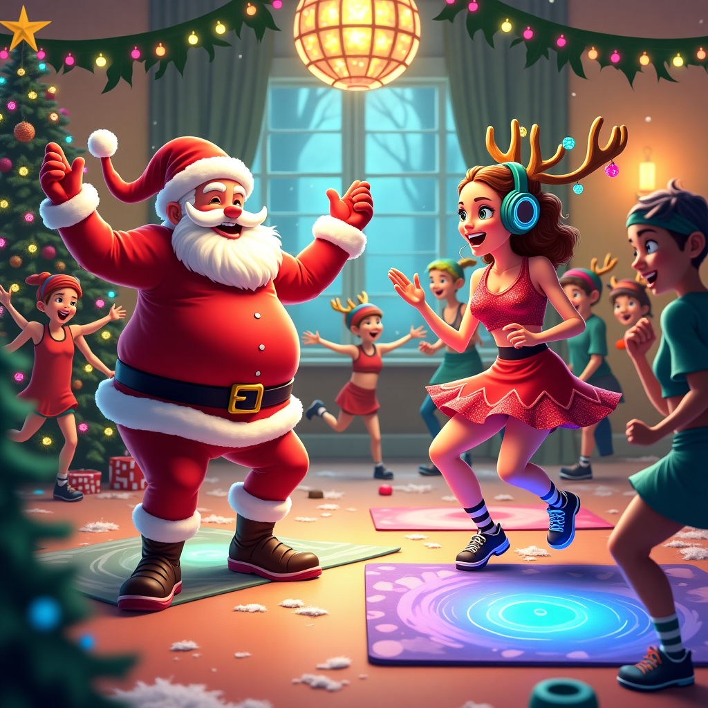 In the center of the card, imagine a bustling Christmas party in a vibrant, cartoonish hall filled with holiday decorations. On one side, you have Santa Claus, wearing red-and-white workout gear, leading a Zumba class with reindeer donning colorful leg warmers. Santa's face is concentrated yet jovial, with a twinkle in his eye and a mischievous grin. He's striking a Zumba pose, his arms lifted energetically, his round belly jiggling in rhythm. The reindeer are in mid-jump, their antlers adorned with tiny, twinkling fairy lights that bounce with their movements. On the other side of the hall, Mrs. Claus has transformed into a DJ, spinning records on a candy-cane turntable for a Clubbercise session. She's wearing oversized, festive headphones and a sequined red dress, casting a vibrant display of colorful lights from a disco ball above her. Elves clad in neon-colored workout clothes are in the foreground, energetically stepping to the beat on glowing dance mats, their faces lit with delight. The walls are lined with garlands of holly and oversized stockings stuffed with gym towels and water bottles, and a Christmas tree in the corner is adorned not just with baubles but tiny weights and kettlebells. Snow gently falls outside the window, visible in the background, creating a contrast between the lively interior and the serene winter scene beyond.
Generated with these themes: Zumba, and Clubbercise.
Made with ❤️ by AI.