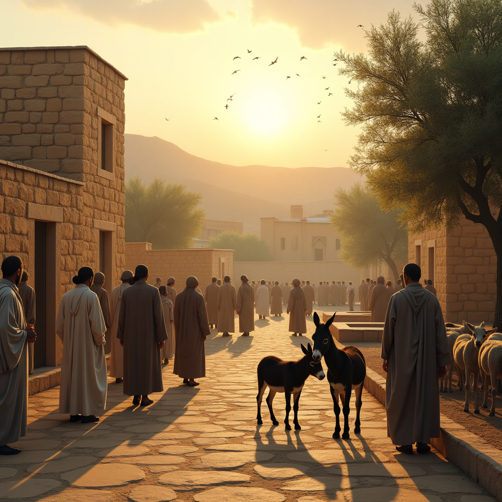 **Prompt:**  
A realistic, solemn photograph capturing a serene ancient village nestled in the gentle hills of the Middle East at dawn. The warm golden light of early morning bathes the weathered stone homes and olive trees. In the village square, people of diverse backgrounds—men, women, and children in traditional attire from various cultures and faiths—gather in quiet fellowship. A gentle sense of unity fills the air as a shepherd guides a small group of sheep past a woman offering water to a thirsty donkey. Birds glide above and a soft haze adds a timeless atmosphere. The entire scene embodies a sacred stillness and harmony—an Easter message of peace transcending faiths and borders.
Generated with these themes: Easter Peace for all faiths, Scene of an ancient village in Middle East, and People and animals in peaceful harmony.
Made with ❤️ by AI.