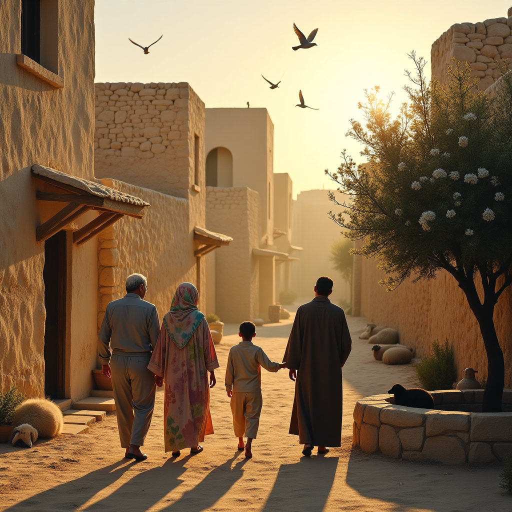 **Prompt:**

A realistic, solemn photograph capturing an ancient Middle Eastern village at sunrise during Easter. Weathered stone homes nestle along quiet, dusty pathways. People of different faiths—an elderly Jewish man, a young Muslim woman in a pastel headscarf, and a Christian monk in a simple robe—walk together in quiet reflection. Nearby, children share bread under a blooming olive tree. Sheep rest peacefully beside a small well, and doves take flight overhead, symbolizing hope and unity. The warm, golden morning light bathes the scene in serenity, evoking a profound sense of peace, coexistence, and renewal.
Generated with these themes: Easter Peace for all faiths, Scene of an ancient village in Middle East, and People and animals in peaceful harmony.
Made with ❤️ by AI.