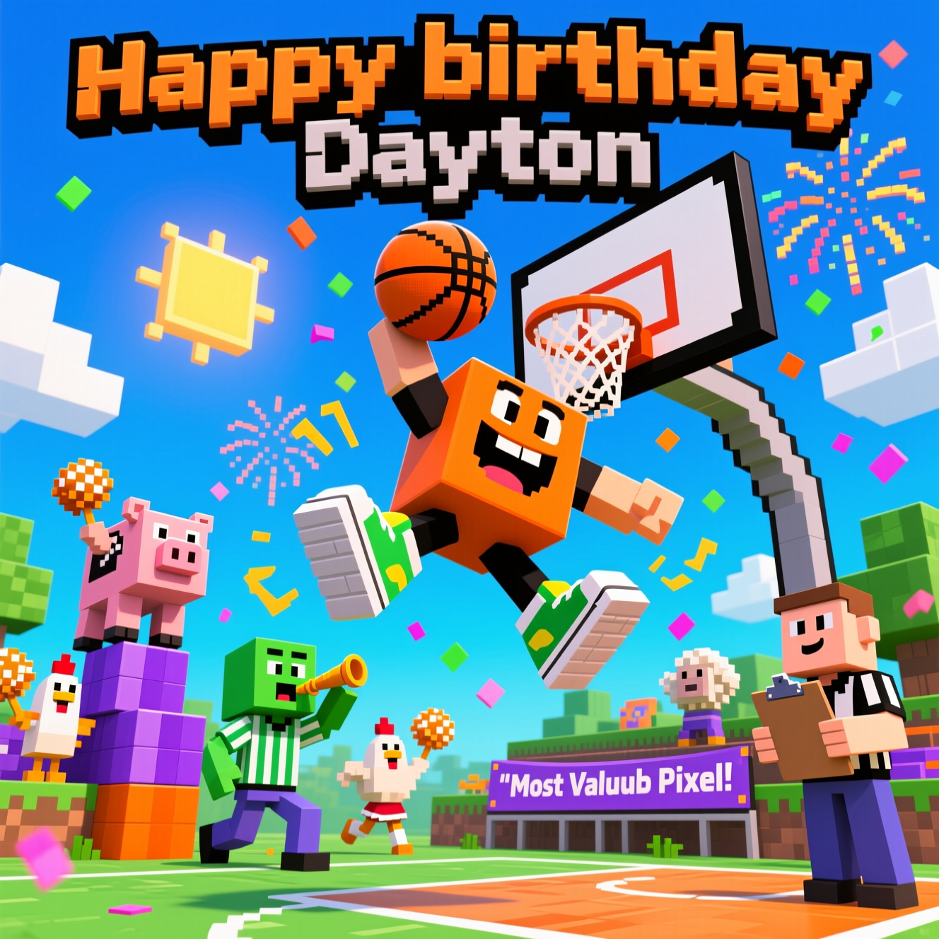 At the top of the Cartoon Style image, Happy birthday Dayton

A bright, funny cartoon scene in a Minecraft baller league world: a blocky, voxel basketball court floating above a cube-landscape with pixelated clouds and a square sun. Center stage, a goofy, big-headed block hero soars in an exaggerated leap to slam-dunk a cube-shaped basketball into a square hoop, huge square sneakers, wild motion lines, and a massive grin. Other blocky players scramble on stacked blocks to defend; one rides a jersey-wearing blocky pig, while a green blocky referee in a striped shirt blows a whistle dramatically. Courtside, a cube chicken cheerleader shakes pom-poms and a sheep coach clutches a plank clipboard. Pixel confetti bursts and square fireworks pop overhead. Thick black outlines, candy-bright saturated colors (lime greens, sky blues, hot oranges, purples), glossy highlights, and playful shading. Dynamic low-angle perspective, clean background, vertical composition.

Text styling:
- “Happy birthday Dayton” at the top in chunky, 3D block-pixel lettering with a bright outline so it pops.
- Add one extra cheeky line on a small courtside banner near the bottom: “Most Valuable Pixel!”
- No other text.
Generated with these themes: Minecraft baller league, and .
Made with ❤️ by AI.
