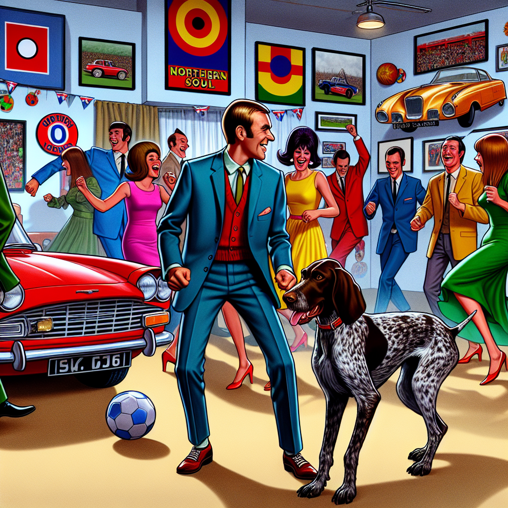 Imagine a lively cartoon scene set at a colorful birthday party where individuals, dressed in Northern soul fashion, are dancing energetically. The dancers include a mix of Caucasian and Hispanic men and women showing off their vibrant 60's themed attire. Amongst the excited crowd is a German Wirehaired Pointer with its liver and tick coat pattern, trying to imitate the dances with comedic effects. Classic cars reminiscent of the vintage spy films are used as party decorations, creating a unique backdrop. Walls are adorned with generic football memorabilia, hinting at the guest of honor's love for football. The whole concept blends festivity and nostalgia, emitting a joyous birthday ambiance with a retro Northern soul influence.
Generated with these themes: Northern soul dancing , Liver and tick German Wirehaired Pointer , Retro northern soul music, James bond cars, Liverpool football team, and Northern soul retro clothing.
Made with ❤️ by AI.