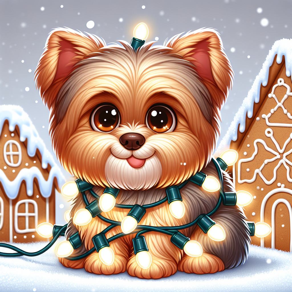 A cartoon Yorkshire Terrier, round and tan with warm dark brown eyes, is tangled in a string of blinking Christmas lights. The chubby pup has a jolly expression as it sits in front of a gingerbread house with a snowy roof, and a light dusting of snowflakes settles on its fur, making the scene extra merry.
.
Made with ❤️ by AI.