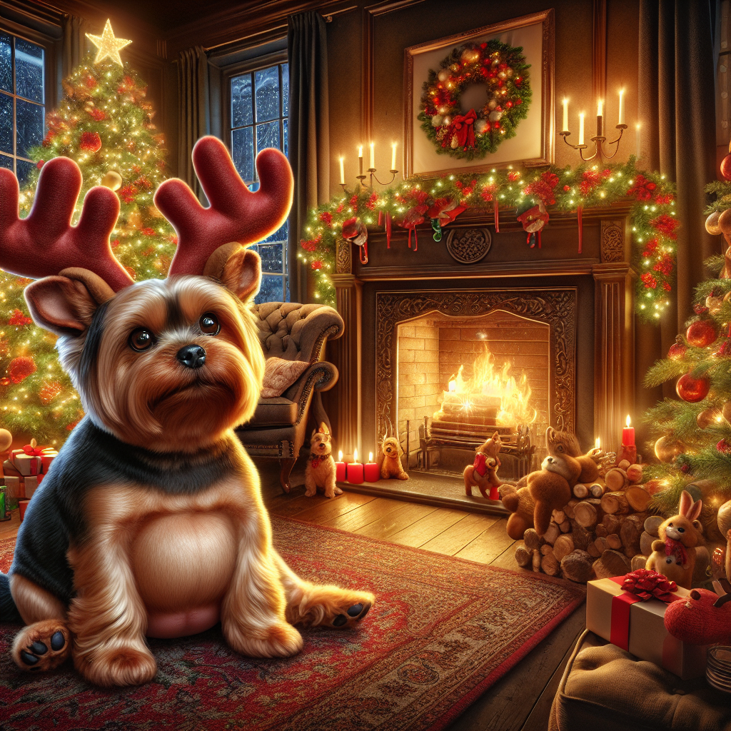 In a cozy cartoon living room decked with holly and a twinkling Christmas tree, a plump Yorkshire Terrier with a sleek tan coat and dark brown eyes lies by the fireplace. It's wearing a pair of reindeer antlers and has a shiny red nose, adding a playful twist to the festive setting as it wags its tail contentedly.
.
Made with ❤️ by AI.