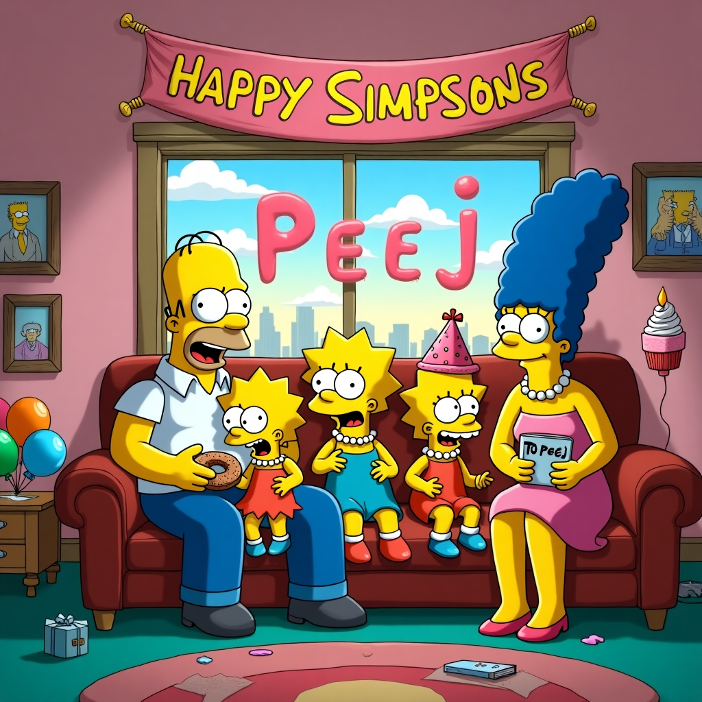 The scene bursts to life with the iconic Simpson family couch as the heart of the living room. Homer, Marge, Bart, Lisa, and Maggie are seated in their usual spots, but today, the atmosphere is different, tinged with festive absurdity. A large, colorful banner stretches across the top of the room, reading “Happy Birthday Peej!” in playful, swirling letters reminiscent of a cartoon balloon font that almost seem to dance with joy. Below the banner, the family's attention is fixated on the television screen, which humorously displays a show titled "Half Acquainted," a parody of sitcoms, complete with an overly dramatic host frozen in a ridiculous expression, mid-joke.

The family members are humorously animated: Homer is holding a half-eaten donut with sprinkles, eyes wide with cartoonish disbelief at the TV show, while Bart is perched on the armrest, wearing a party hat with one of his signature mischievous smirks. Lisa, meanwhile, balances a book on her knees, more interested in the plot than the plot on TV. Maggie, pacifier bobbing, seems to be engrossed in a half-inflated balloon shaped like a cat. Marge, with her towering blue hair, appears mid-laugh, holding a cupcake adorned with an absurdly large "Peej" candle that curls and twists like the top of a soft-serve ice cream.

The living room is packed with colorful details; scattered balloons in the corner and a small, gift-wrapped box with a bow conspicuously labeled "To Peej, From the Simpsons" sitting on the coffee table. The walls are adorned with framed pictures of memorable, fictional moments of the family with added doodles, making them seem as though drawn by a quirky artist inspired by Schulz or Watterson.

Through the window behind the sofa, the Springfield skyline is visible, but with a twist: the clouds have whimsically aligned to spell out "Peej" against the pastel sunset, a nod to the classic comic book storytelling style, ensuring the recipient's name becomes a part of the whimsical cartoon universe.
Generated with these themes: The Simpsons sofa with the whole family watching television, a birthday banner across the room saying Happy Birthday Peej!, and On the television screen it says Half Acquainted which is the show they are watching,.
Made with ❤️ by AI.