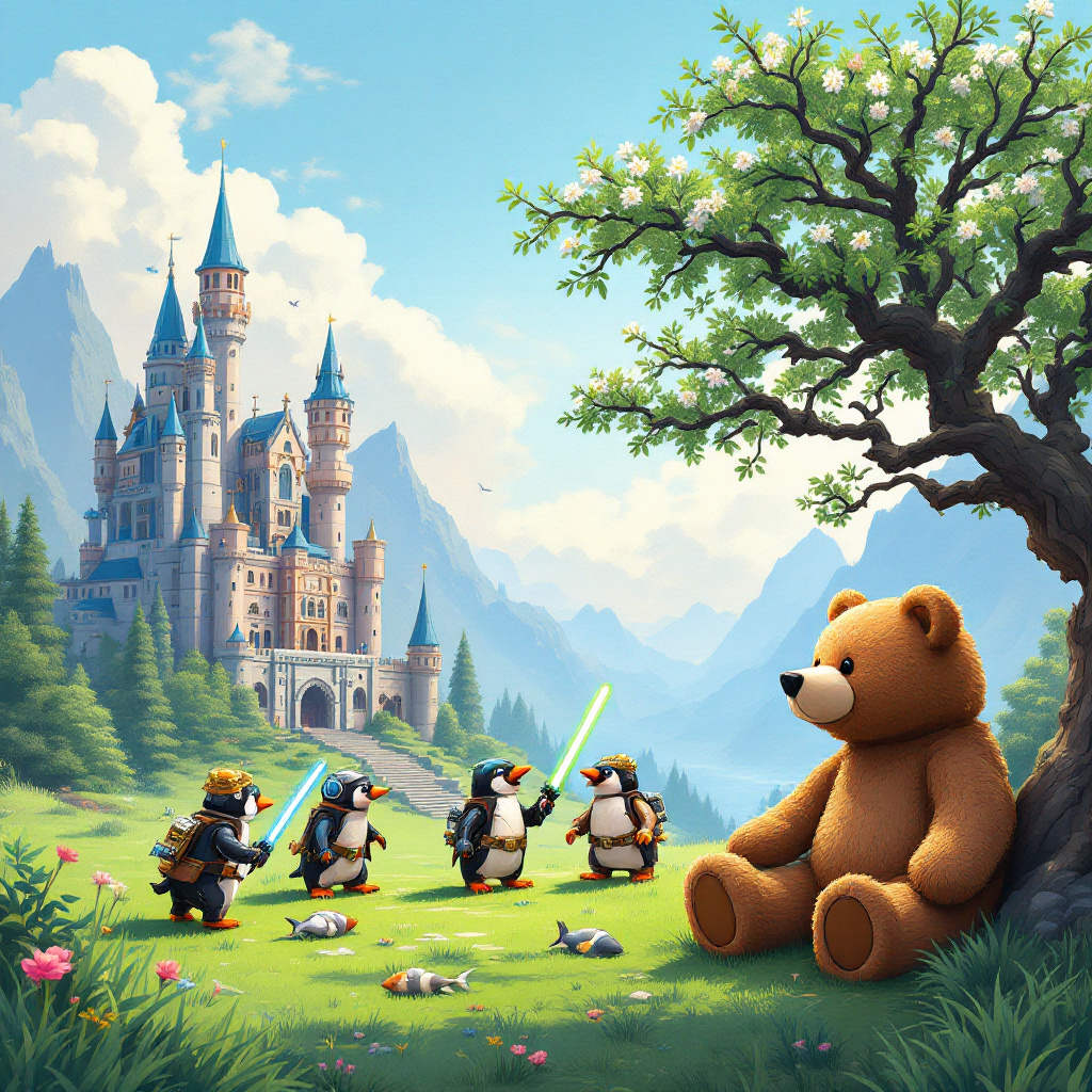 In this whimsical birthday greeting card illustration, Toby's fantastical world is brought to life. The setting is a lush, emerald-green landscape inspired by Minecraft, where blocky mountains rise against a sky tinted with the pastel hues reminiscent of Maxfield Parrish's skies. In the foreground, a vibrant Lego castle, with turrets resembling Star Wars' Millennium Falcon, stands grandly on the left. Perched on the battlements are mechanical robots crafted from both Lego and Minecraft blocks, engaging in playful banter with each other. A group of pixelated Minecraft pigs roams the landscape, their backs adorned with tiny saddles upon which sit regal-looking penguins wearing miniature Jedi robes. These penguins are engaged in a friendly duel with lightsaber-like fish, as their metallic flippers glint in the sunlight.

To the right, an oversized, plush teddy bear, echoing the warmth of a Norman Rockwell character, rests under a blooming tree. Its branches, delicately illustrated with intricate details akin to Arthur Rackham’s style, support a swinging black cat, whose tail sways like a pendulum, its eyes fixed on the penguin duel. Above the scene, in the vast, swirling sky, fluffy clouds form the words "Toby Happy 10th Birthday!" The letters appear as if woven from star trails, sparkling and twinkling, a nod to Beatrix Potter’s enchantment with nature. Below, an intricately illustrated banner, reminiscent of Aubrey Beardsley’s detailed line work, waves gently between two trees, welcoming Toby to this magical celebration.
Generated with these themes: Minecraft, Minecraft, Lego, Starwars, Mechanical robots, Pigs, Penguins, Teddy bear, and Black cat.
Made with ❤️ by AI.