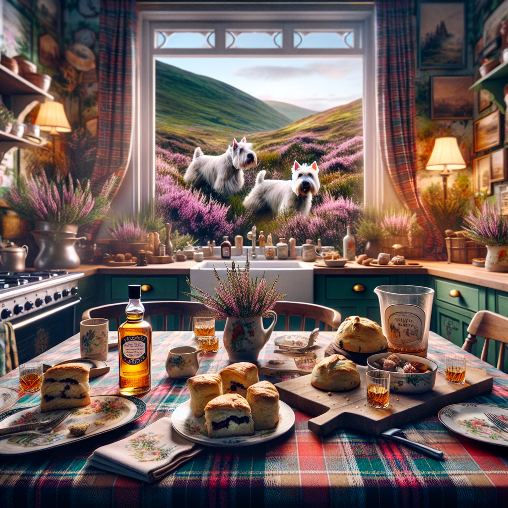 Imagine a quaint kitchen exuding Scottish charm, serving as the backdrop of a Mother's Day celebration. The table in the center wears a tartan tablecloth, symbolizing Scottish tradition. Spread across are dishes from the substantial cuisine of Scotland and the aroma of fresh scones wafts around. A bottle of select single malt whisky stands enticingly ready for tasting. Through the glass, one can see a pair of energetic Scottie dogs frolicking amid the blooming heather and thistles of the Highlands during spring. The ambience of the room glows with warmth and festivity, with thoughtful elements reflecting the rich Scottish heritage.
Generated with these themes: Scottie Dogs, Whisky, Scotland , Tartan, and Food.
Made with ❤️ by AI.
