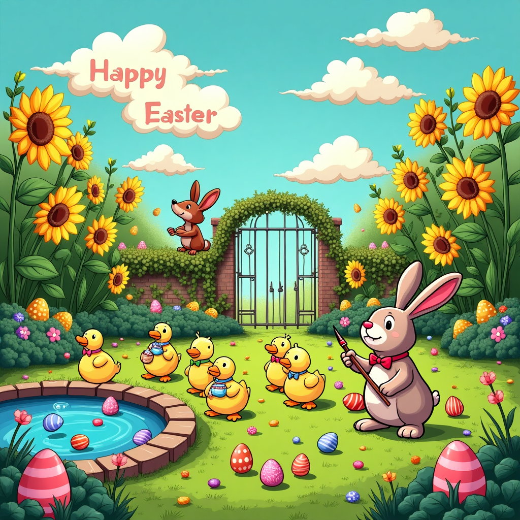 In the vibrant and bustling scene, a quirky garden unfolds with a tapestry of colors and whimsical characters. A patchwork of lush green grass, speckled with vibrant flowers, hosts a gathering of playful rabbits, each adorned with small bow ties and waistcoats, a nod to Charles Schulz's charming and distinctive style. These rabbits are in a joyful flurry, painting Easter eggs that litter the ground like colorful jewels. Some eggs are polka-dotted, others are striped, and a few boast intricate designs reminiscent of Osamu Tezuka's detailed art. In the middle of the scene, a grand rabbit in an over-the-top, cartoonishly elaborate Easter bonnet stands directing the chaos with a paintbrush like a maestro.

In the foreground, a family of ducks waddle along the edge of a serene, cartoonishly exaggerated pond, inspired by Hergé's clean lines and attention to detail. The ducklings, each with a splash of yellow and playful eyes, follow in a single-file line, carrying tiny Easter baskets in their beaks. Above them, a cluster of fluffy clouds drifts across the sky, creatively shaped into the words "Happy Easter [Recipient's Name]," echoing the imaginative cloud designs from Winsor McCay's dreamscapes. 

In the background, a quaint garden gate stands ajar, reminiscent of a Disney fairy tale scene, with a vine of morning glories entwining its iron bars. Peeking through the bars, an observant squirrel, inspired by Bill Watterson's character animations, clutches an oversized nut, watching the garden antics unfold with a bemused expression. The scene is bordered by an array of towering sunflowers that lean in as though eavesdropping on the festivities, their petals catching the gentle sunlight. This whimsical tableau invites the viewer into a charming and chaotic Easter celebration, blending classic cartoon influences into a lively garden of laughter and color.
Generated with these themes: Easter eggs , Rabbits, Garden , and Ducks.
Made with ❤️ by AI.