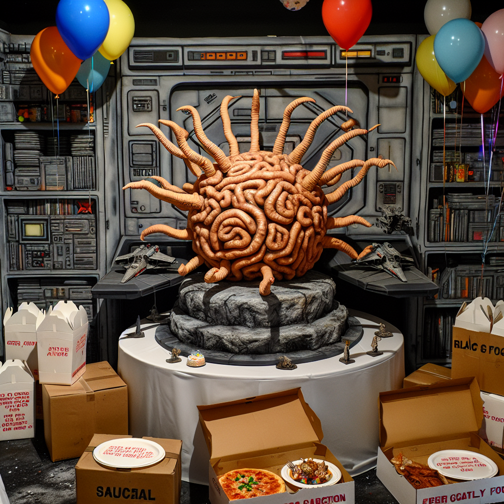 Imagine an oddly yet festively themed room adorned with decorations that intertwine themes of a famous sci-fi space saga and a birthday celebration. Balloons intermingling with models of space combat vehicles. The snacking area features an odd yet amusing cake designed to look like a highly exaggerated biological ailment, symbolizing the trials of aging. Surrounding this centerpiece, are boxes of Asian takeout food and stacks of pizza boxes, a unique fusion of different culinary traditions amidst this unusual yet celebratory ambiance.
Generated with these themes: Hemorrhoids , Chinese takeaway , Pizza, and Star wars.
Made with ❤️ by AI.