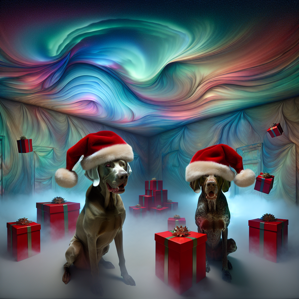 In an ethereal room with walls made of swirling mist, a Weimaraner and a German Shorthaired Pointer wear oversized Christmas hats, slightly tilted. They are surrounded by floating gifts that gently rotate in air, each box wrapped in paper that mirrors the northern lights dancing above them.
Generated with these themes: Weimaraner and German shorthair pointer in Christmas hats .
Made with ❤️ by AI.