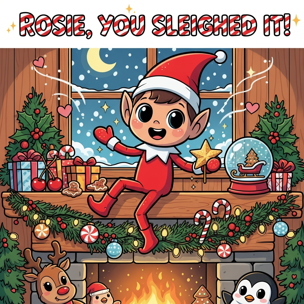 At the top of the Cartoon Style image, "Rosie, you sleighed it!" in candy-cane striped bubble letters with a frosty white outline and tiny sparkling stars

A cute, playful cartoon scene in vertical portrait orientation: A big-eyed Elf on the Shelf with an oversized hat and rosy cheeks perches proudly on a wooden mantle shelf above a cozy glowing fireplace. The elf strikes an energetic, whimsical pose—one mittened hand waving, little legs kicked up, a glittery gold star clasped in the other hand. Thick inky outlines, bold bouncy shapes, and bright saturated colors (cherry reds, holly greens, peppermint pinks, golden glow, icy teal).

Around the shelf, heap on festive details: twinkling fairy lights, pine garland with shiny baubles, candy canes, tiny wrapped gifts, gingerbread cookies, and a snow globe with a miniature sleigh inside. A cute reindeer plush and a chubby penguin peek up from the hearth, eyes sparkling. In the background, a window reveals softly falling snow and a crescent moon, adding cool blue rim-light to balance the warm fireplace glow. Sprinkle heart and star sparkles drifting through the scene for extra cuteness.

Style notes: playful cartoon characters with exaggerated proportions, thick outlines, clean cel shading, glossy highlights, and a whimsical, energetic vibe. Keep the composition image-first with the elf filling most of the frame and the text only at the top. No additional text in the scene.
Generated with these themes: Elf on the shelf and other Xmas images , and .
Made with ❤️ by AI.