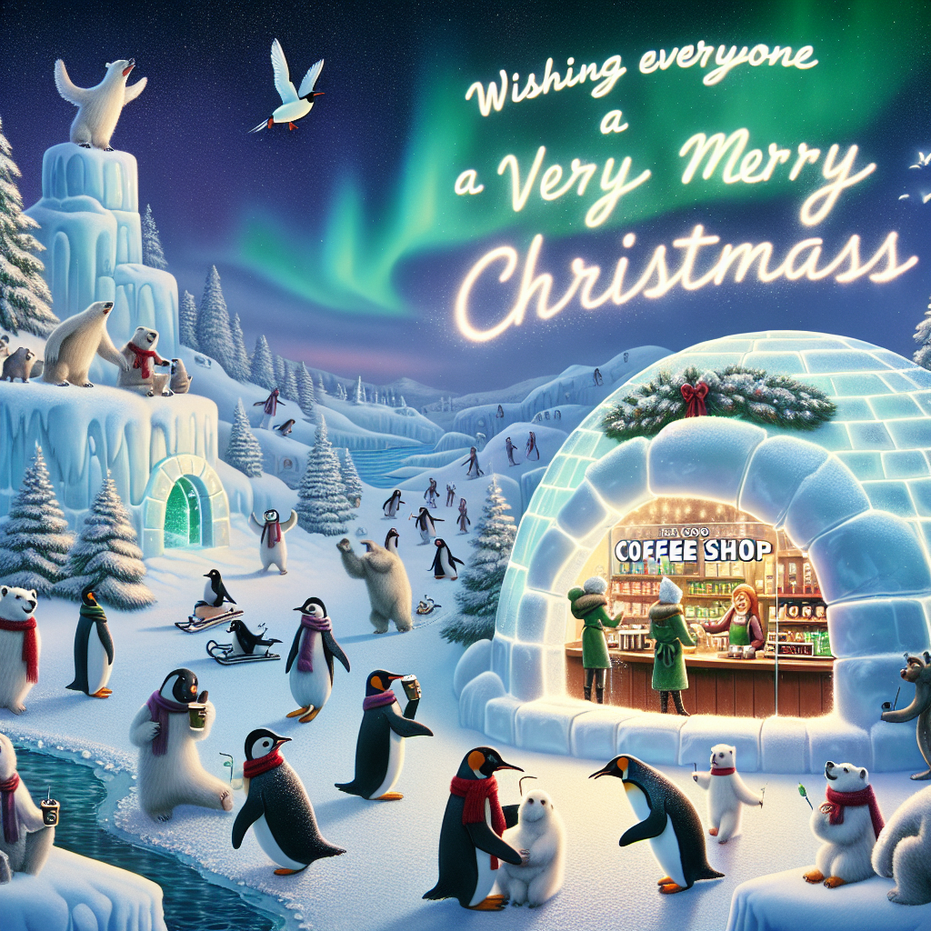 This festive design features a winter wonderland where penguins slide down a snowy hill outside a Costa Coffee igloo-shop. A polar bear barista hands out cups of coffee to a line of smiling, scarf-wearing animals. In the sky, the northern lights form the words 'Wishing everyone a very Merry Christmas', adding a magical touch to the merry setting.
Generated with these themes: Costa Coffee.
Made with ❤️ by AI.