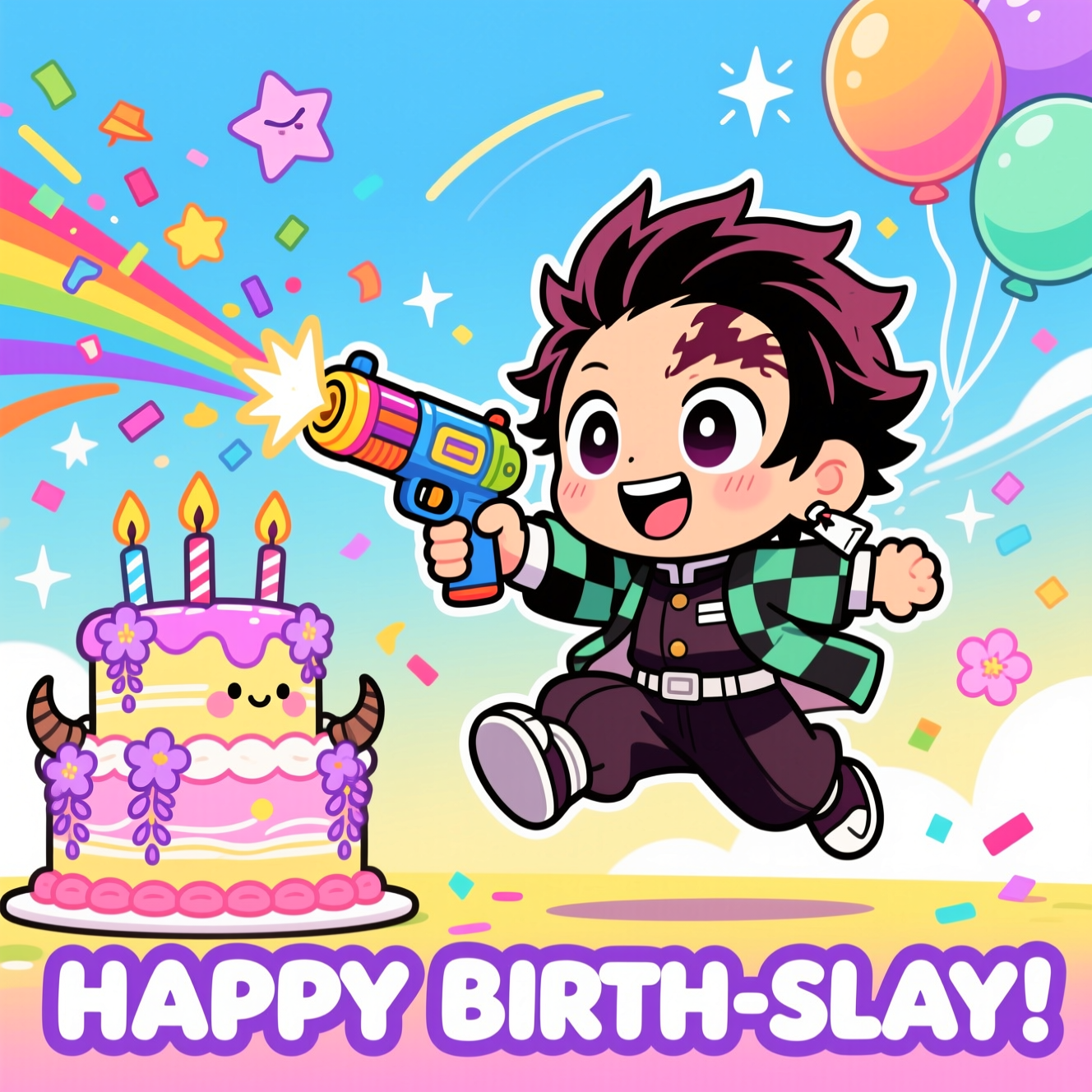 Cute chibi cartoon of Genya (from Demon Slayer) with exaggerated proportions (big head, big sparkling eyes, tiny body), thick black outlines, and bright saturated colors. He’s mid-leap in an energetic, playful pose, grinning, spiky hair and a small facial scar. He fires a colorful party confetti-blaster styled like a toy version of his shotgun, bursting rainbow streamers and star confetti toward a tall birthday cake decorated with wisteria blossoms and tiny, cute “oni-horn” candles. Background: sunny candy-gradient sky with balloon clusters, floating paper stars, motion lines, and sparkles; full-bleed composition, minimal clutter. Replace any real weapons with party props; no violence or gore. Clean vector look, soft shading, glossy highlights. Palette: electric purple, candy pink, lemon yellow, sky blue, mint green. Add one short on-image caption at the bottom in chunky bubble letters, white fill with bold purple outline: “HAPPY BIRTH-SLAY!” Cute, celebratory, high-energy mood.
Generated with these themes: Demon slayer, Genya, and .
Made with ❤️ by AI.