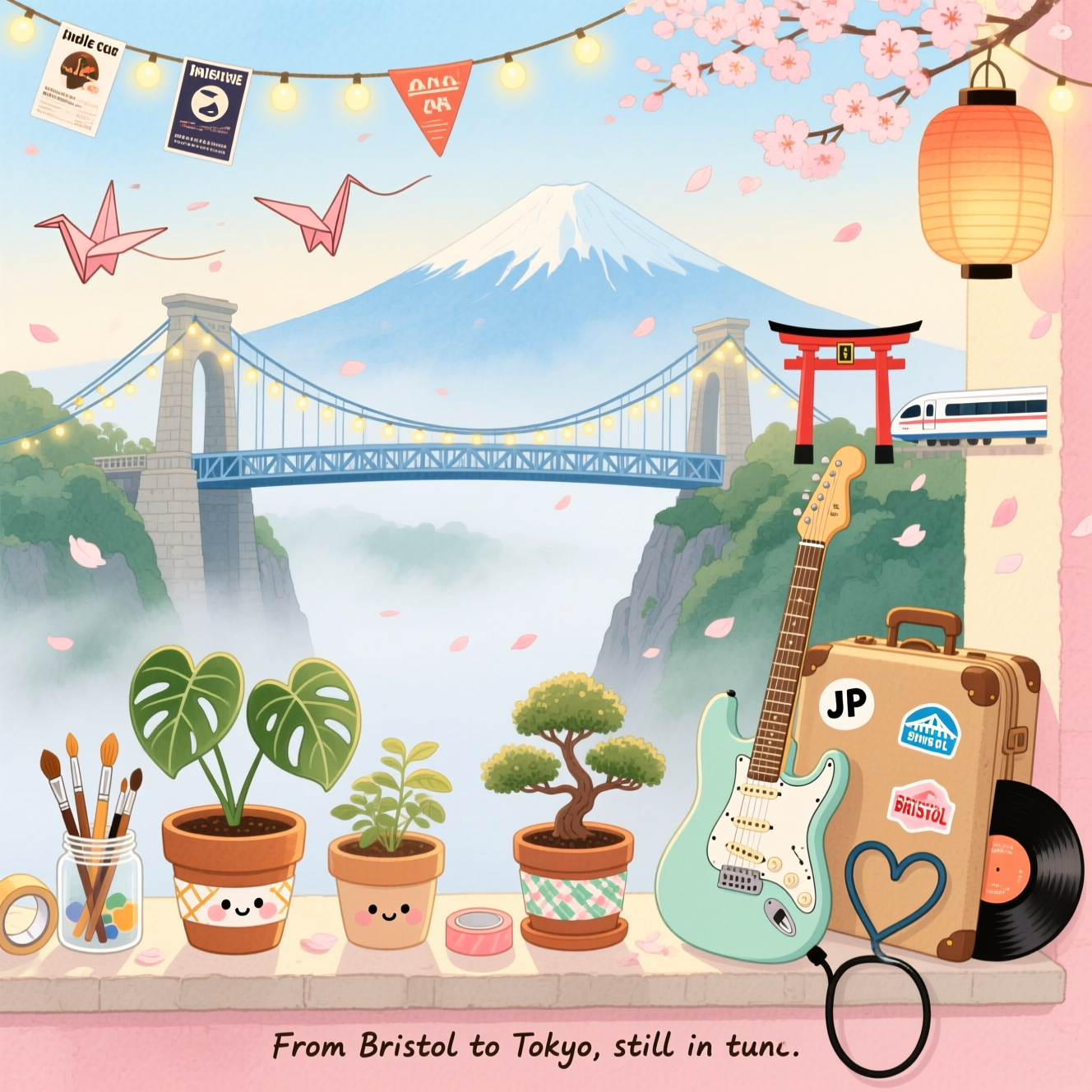At the top of the Watercolor Style image, HA 14

Vertical, image-first composition in a cute, romantic watercolor look—soft washes, delicate gradients, subtle pigment blooms, and natural cold-press paper texture visible. Center scene: the Bristol suspension bridge spans a misty gorge, painted in pale stone and cool steel blues, its cables adorned with fairy lights, fluttering paper cranes, tiny indie gig flyers as bunting, and drifting cherry blossoms for a whimsical, decorated feel. Foreground on a cozy ledge: two adorable potted plants—a heart-leaf philodendron and a tiny bonsai—pots wrapped with washi tape patterns; a jar of paintbrushes and tape rolls hint at decorating together. Beside them, a pastel electric guitar leans against a travel suitcase covered in simple stickers (JP, BRISTOL, a bridge icon); a vinyl record peeks out, and the guitar cable loops into a subtle heart shape. Dreamy travel-to-Japan collage elements softly fade into the background: a gentle Mount Fuji silhouette, a small red torii gate, lanterns, a tiny Shinkansen, and petals weaving through the air toward the bridge. Palette: blush pinks, sage greens, sky blues, warm ochres, and gentle indigos with plenty of airy negative space. Warm golden-hour glow, rounded shapes, sweet faces on the plant pots for maximum cute.

At the bottom in tiny hand-lettered watercolor, a single short caption: From Bristol to Tokyo, still in tune.
Generated with these themes: Plants, decorating, travelling to Japan, indie rock, Bristol suspension bridge, and .
Made with ❤️ by AI.