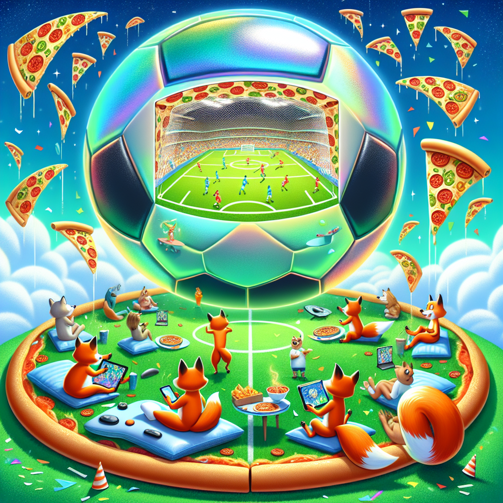 Create a whimsical cartoon-style image of a birthday party set on vibrant green soccer field that has oversized pizza slices serving as lounging areas. The sky features an enormous, partly translucent soccer ball that appears to showcase a virtual soccer match captivating guests engrossed in their handheld gaming devices. Iridescent, cartoonish foxes move about the party, playfully interacting with the guests and sporadically scattering confetti which magically morphs into scrumptious pizza toppings.
Generated with these themes: Leicester City, Soccer, Gaming, and Pizza.
Made with ❤️ by AI.