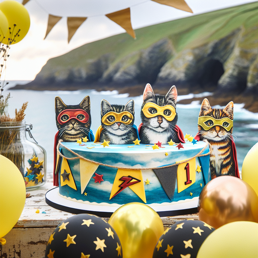 A whimsical birthday scene unfolds in picturesque Cornwall, where the rugged cliffs meet the serene sea. A group of adorable realism-style cats don colorful superhero masks and capes, their whiskers twitching with playful delight. Festoons of yellow and black balloons bob gently in the breeze, while an iconic superhero signal dances across a cascading buttercream cake, enticing guests with the promise of heroics and frolic.
Generated with these themes: Batman cats Cornwall .
Made with ❤️ by AI.