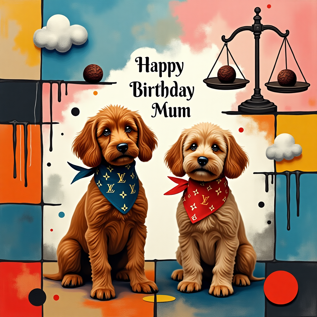 In the center of this quirky, abstract birthday card scene, imagine two playful cockerpoos—a lively brown one and a charming light brown one—both donned in stylish Louis Vuitton bandanas, creating a delightful juxtaposition of high fashion and canine whimsy. The background is a vibrant collage inspired by Kandinsky's dynamic compositions, featuring bold geometric shapes and swirling lines that dance around the card. The two dogs are on a backdrop of Mondrian-inspired squares and rectangles in earthy tones interspersed with splashes of Jackson Pollock-style chocolate drizzles, mimicking the joyful messiness of a birthday celebration. In the top right corner, there's a whimsical, Miro-like legal scale, with each side humorously balancing chocolate truffles instead of the usual weights. In the sky, a Rothko-inspired gradient of blues and pinks creates a dreamy atmosphere, with fluffy clouds subtly spelling out "Happy Birthday Mum" in an elegant yet playful script. The message seems to float amidst a de Kooning-like riot of abstract shapes and colors, bringing a touch of artistry to the heartfelt message. Overall, the card is an explosion of playful abstraction and color, combining all the elements in a harmonious yet quirky symphony of celebration.
Generated with these themes: Brown cockerpoo, Light brown cockerpoo, Louis vuitton, Chocolate, and Legal.
Made with ❤️ by AI.