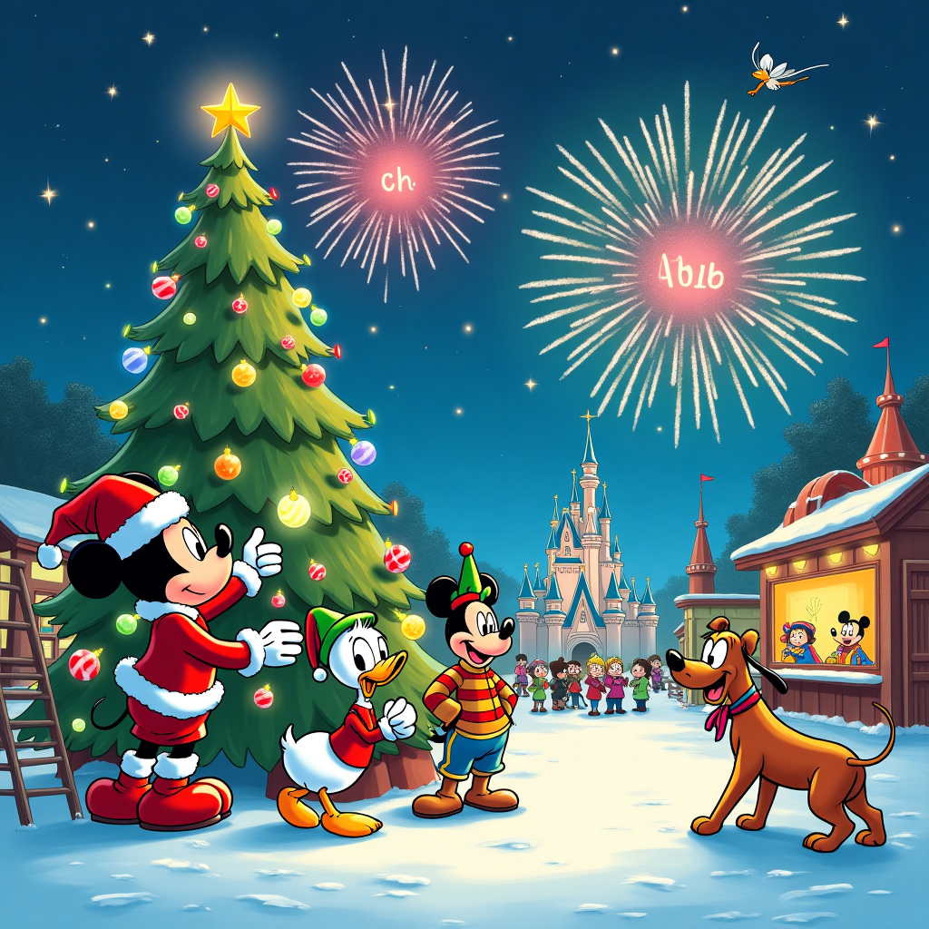 On the front cover of this whimsical Christmas greetings card, we find ourselves in a bustling, snowy scene at a magical Orlando Disney theme park, where beloved cartoon characters are gearing up for the holiday festivities. Mickey Mouse, donned in a vibrant red and white Santa suit, is merrily decorating a gigantic Christmas tree with sparkling, multicolored lights and candy cane ornaments. Standing on a ladder beside him is Goofy, precariously balancing a bauble shaped like Cinderella's Castle atop the tree.

In the foreground, a jolly Donald Duck, wearing a green elf hat, is caught mid-waddle, holding a large snowball poised for a playful toss at Pluto, who’s peeking from behind a snowbank, his tail wagging in anticipation. The snowbank is shaped like Sleeping Beauty's Castle and glistens under the twinkling stars above.

In the background, an enormous fireworks display lights up the night sky. The fireworks are shaped like classic Disney characters, casting colorful shadows across the snowy landscape. Amidst these dazzling fireworks, the names "Fabio e Nilo" appear in sparkling letters, as if written by a magic wand, with Tinkerbell flying nearby leaving a trail of pixie dust.

Adding a unique twist, a group of Tezuka-inspired robots is cheerfully singing carols, their mechanical voices blending in harmony. Astro Boy, wearing a festive scarf, is floating above the crowd, adjusting a bright red star atop a smaller tree.

The scene is filled with tiny details—like Minnie Mouse serving hot cocoa at a stand designed to look like Mickey’s iconic ears, or Calvin and Hobbes making a snow tiger in the background, nodding to their creator Bill Watterson. This enchanting tableau captures the spirit of Christmas, a delightful mash-up of Disney magic and quirky cartoon fun, ensuring that "Fabio e Nilo" have a card that's as special and unique as the holiday season itself.
Generated with these themes: Orlando disney.
Made with ❤️ by AI.