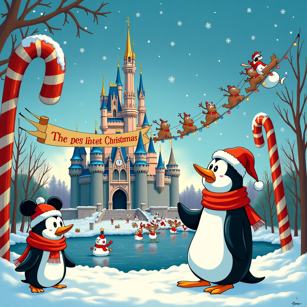 The scene unfolds in a whimsical Orlando Disney-inspired winter wonderland, where a snow-covered Cinderella Castle stands proudly in the background, adorned with twinkling Christmas lights and a garland of oversized candy canes. In the foreground, two cheerful cartoon penguins, reminiscent of Disney's classic animation style, are dressed as holiday tourists. One sports a Mickey Mouse ear hat, while the other holds a candy-striped map of the theme park.

To the left, Astro Boy-esque reindeer with rocket-powered hooves fly above, trailing a sleigh driven by an exuberant Santa, whose expression is akin to one of Calvin's mischievous faces from "Calvin and Hobbes." A line of snowmen, each uniquely sculpted to resemble various Disney characters like Goofy and Donald Duck, creates a humorous parade along the edge of the castle’s moat, mimicking scenes from "The Far Side."

Amidst this festive chaos, a large banner made of intertwined Christmas lights and hanging snowflakes stretches across the sky, inscribed with "Fabio e Nilo" in playful, bold letters, reminiscent of the hand-drawn titles from "Tintin" adventures. In the distance, a spirited procession of elves, drawing from R. Crumb's exaggerated and quirky characters, balances precariously on a giant candy cane seesaw.

The card is bordered with a comic strip panel style inspired by Winsor McCay, depicting various Christmas mishaps happening simultaneously, such as a duckling sliding on ice or an elf tangled in holiday lights. This vibrant, detailed scene brings together a holiday celebration with nods to classic artistry and the magic of Disney.
Generated with these themes: Orlando disney.
Made with ❤️ by AI.