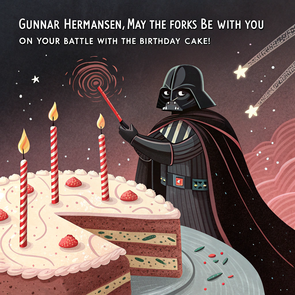At the top of the image, "Gunnar Hermansen, may the forks be with you on your battle with the birthday cake!" 

– Create an abstract composition that subtly echoes iconic Vader elements: flowing cape-like shapes in black and crimson, swirled with surreal candles and oddly shaped lightsabers twisted like birthday balloons. Sprinkle in hovering slices of cake orbiting a mysterious, helmeted silhouette looming in a galactic swirl of sprinkles and stardust. Let the force—and frosting—guide the mood!
Generated with these themes: vader.
Made with ❤️ by AI.