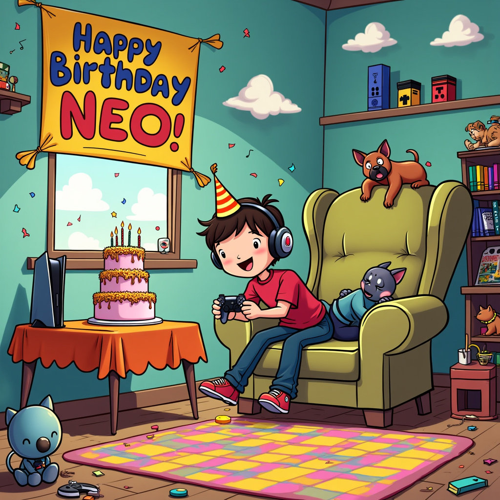 Sure! Here’s a detailed description for a funny cartoon birthday scene featuring singing, gaming, and a PlayStation 5, inspired by the styles of the artists mentioned:

---

The scene is set in a whimsical living room with vibrant, playful colors and exaggerated, cartoony furniture. In the center of the room, there is a cozy, oversized armchair with a joyful character, Neo, seated in it, wearing a party hat with a gaming headset on. Neo is holding a PlayStation 5 controller, with a PlayStation 5 console prominently displayed on the TV stand to the side.

To the left of Neo, there is a lively cake table covered in a bright checkered tablecloth, with a three-tiered birthday cake adorned with colorful candles. The top of the cake has “Happy Birthday Neo!” written in frosting, and the letters are shaped like gaming icons—triangle, circle, square, and X—adding a playful twist.

Above Neo, there are floating musical notes and a mini microphone stand next to the chair, hinting at a recent karaoke session. Surrounding the scene, the room is filled with a cast of amusing characters: a singing robot modeled after Astro Boy holding a microphone, and a comically serious detective dog reminiscent of Tintin’s Snowy, investigating the cake as if it’s a crime scene.

The wall behind the armchair is adorned with a big, bold banner that says “Happy Birthday Neo!” in large, balloon-like letters that are animated and seem to have a life of their own, winking and smiling.

In the far right corner, there is a whimsical bookshelf with various video game paraphernalia and comics spilling out. A small, impish cat character is sneaking away with a piece of cake, adding a mischievous touch.

The floor is scattered with confetti and streamers, while a gaming-themed rug lies underneath the armchair, featuring classic game controllers and 8-bit designs. Above the scene, floating in the sky visible through an open window, are clouds shaped like “Neo,” creating a magical and personalized touch to the cartoon.

This scene is a lively celebration of Neo’s birthday, with playful elements and humorous interactions that bring together the joy of gaming, singing, and a love for the PlayStation 5.

---

This description includes all the elements you asked for and should give the artist a clear and detailed picture of what to draw.
Generated with these themes: Singing, Gaming, and Playstation 5.
Made with ❤️ by AI.