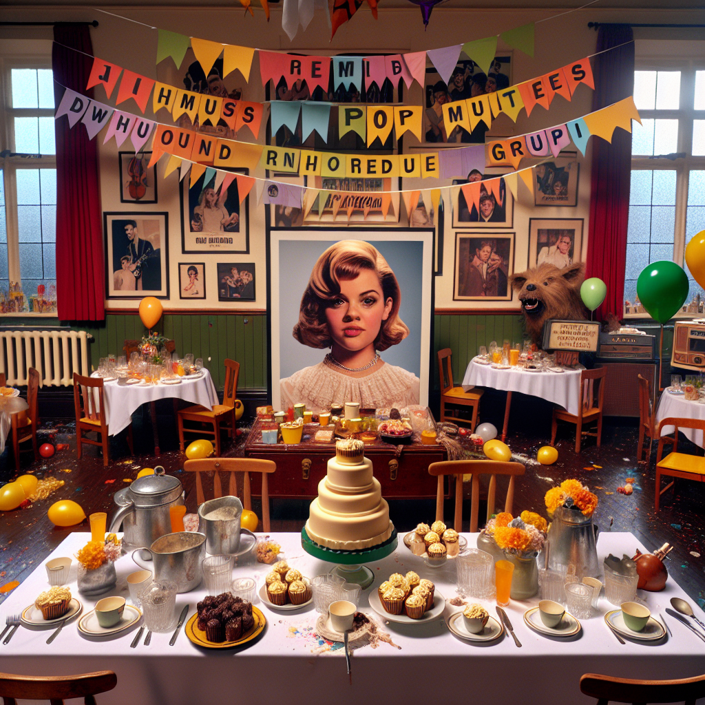 This is a lively birthday party setup, rich in humour, music, and culture. The room resonates with harmonious melodies playing in the background, providing an elegant atmosphere for the celebration. Mixed in with the decor are banners and balloons that reflect a vintage pop music theme without referencing any specific group. Laughter fills the air as a life-sized cutout of an English female actor, with a similar body type to Barbara Knox but without revealing her actual identity, attracts party guests for photos. The dessert table is adorned with cupcakes inspired by classic horror novels, without directly referencing Cujo. A corner of the room is transformed into a custard pie-throwing booth, ensuring loads of fun and enjoyment. The final touch is a surprise gunge reveal, promising an unforgettable birthday memory for the guest of honour. 
Generated with these themes: Bucks Fizz (pop group), Cujo, Gentri, custard pies, gunge, Barbara Knox.
Made with ❤️ by AI.