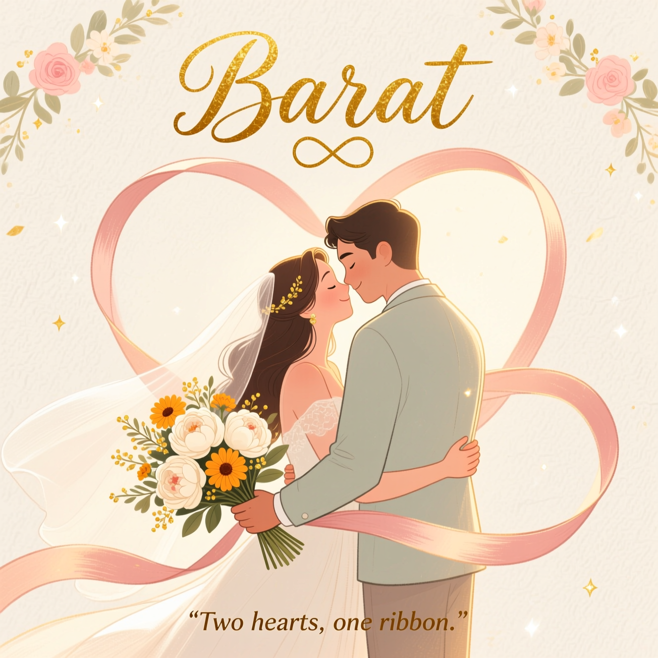 At the top of the Illustration Style image, Barat

Hand-drawn, sincere wedding illustration with fine linework, textured brush strokes, and a balanced composition. A long, satin ribbon is the hero element: it begins near the title and flows gracefully through the scene, looping into a soft heart and subtle infinity symbol around a tender, backlit couple in a gentle embrace. The ribbon lightly wraps their joined hands and trails into a bouquet of cream peonies and marigolds, with delicate foliage and tiny gold accents. Warm, expressive color palette: blush rose, marigold, soft ivory, dusty sage, and antique gold, with golden-hour light and a soft paper grain. Background details stay airy and understated—light floral garlands and faint sparkle—so the ribbon’s path frames the couple and leads the eye downward. The word “Barat” is set in elegant hand-lettered script with a subtle gold-foil sheen, nestled near the ribbon’s starting loop. At the bottom, a small caption reads: “Two hearts, one ribbon.”
Generated with these themes: Ribbon, and .
Made with ❤️ by AI.