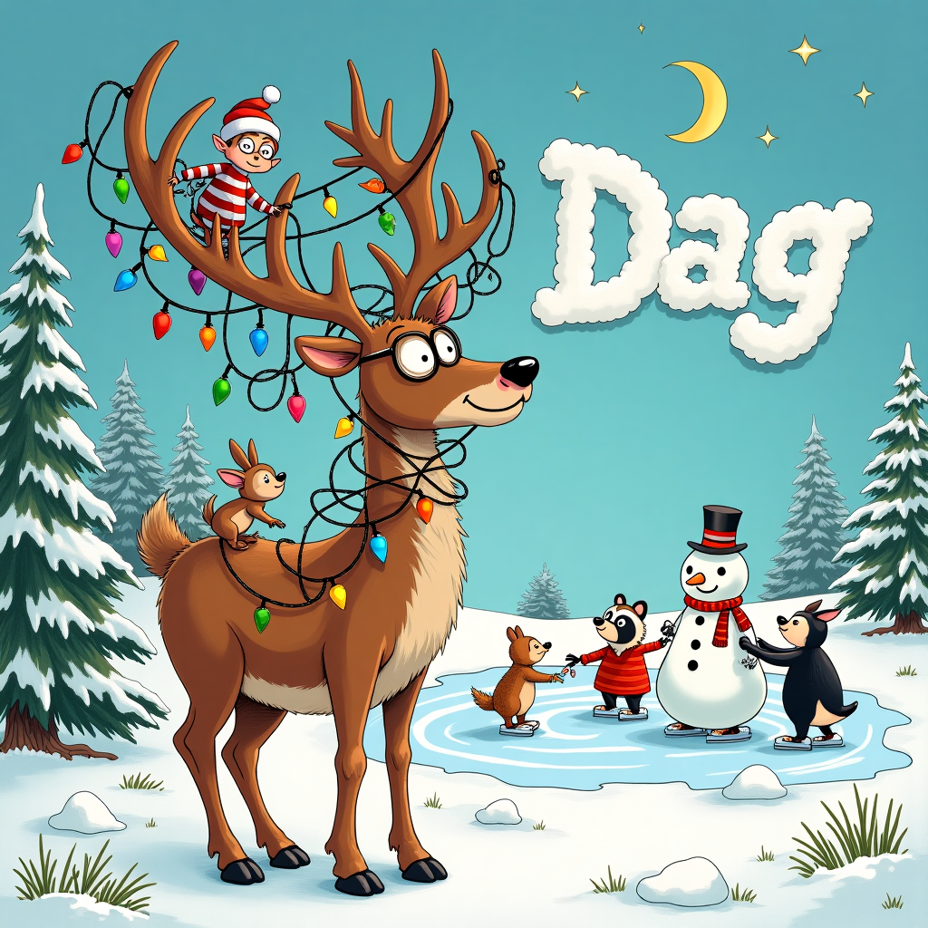 In a whimsical winter wonderland, nestled amidst a landscape of snow-draped pines and sparkling icicles, the scene opens with a playful chaos of cartoonish charm. At the forefront stands a reindeer with an exaggeratedly large and comically tangled set of antlers, reminiscent of Charles Schulz’s gentle humor. The antlers are festooned with colorful Christmas lights, baubles, and candy canes, drawing inspiration from the joyful clutter of Bill Watterson’s Calvin and Hobbes. Perched atop these antlers is a tiny, cheerful elf wearing oversized glasses, a nod to Gary Larson’s quirky style, attempting to untangle the lights with a bemused expression.

Behind the reindeer, an assembly of woodland creatures—rabbits, squirrels, and a particularly plump raccoon wearing a tiny Santa hat—are busily constructing a snowman. They mimic the innocent charm found in Disney's classic animations, their faces alight with festive mischief. In the background, a sloping hill leads down to a frozen pond, where a group of penguins, styled with the simple elegance of Hergé’s Tintin characters, are enjoying a clumsy ice-skating session, twirling and toppling over one another.

Floating above this lively scene, in the style of Art Spiegelman’s layered storytelling, is a string of puffy clouds. Within the clouds, formed by fluffy letters made of snow, is the name "Dag" creatively etched into the sky, like a banner flapping in the frosty breeze. This playful detail not only ties into the festive spirit but also makes Dag the honorary participant in this delightful chaos. The entire tableau is framed by a cascade of twinkling stars and a crescent moon peeking from behind the clouds, adding a sprinkle of Winsor McCay’s dreamlike atmosphere, as if the scene is a page torn straight from a whimsical dream.
Generated with these themes: with rendeer horns.
Made with ❤️ by AI.