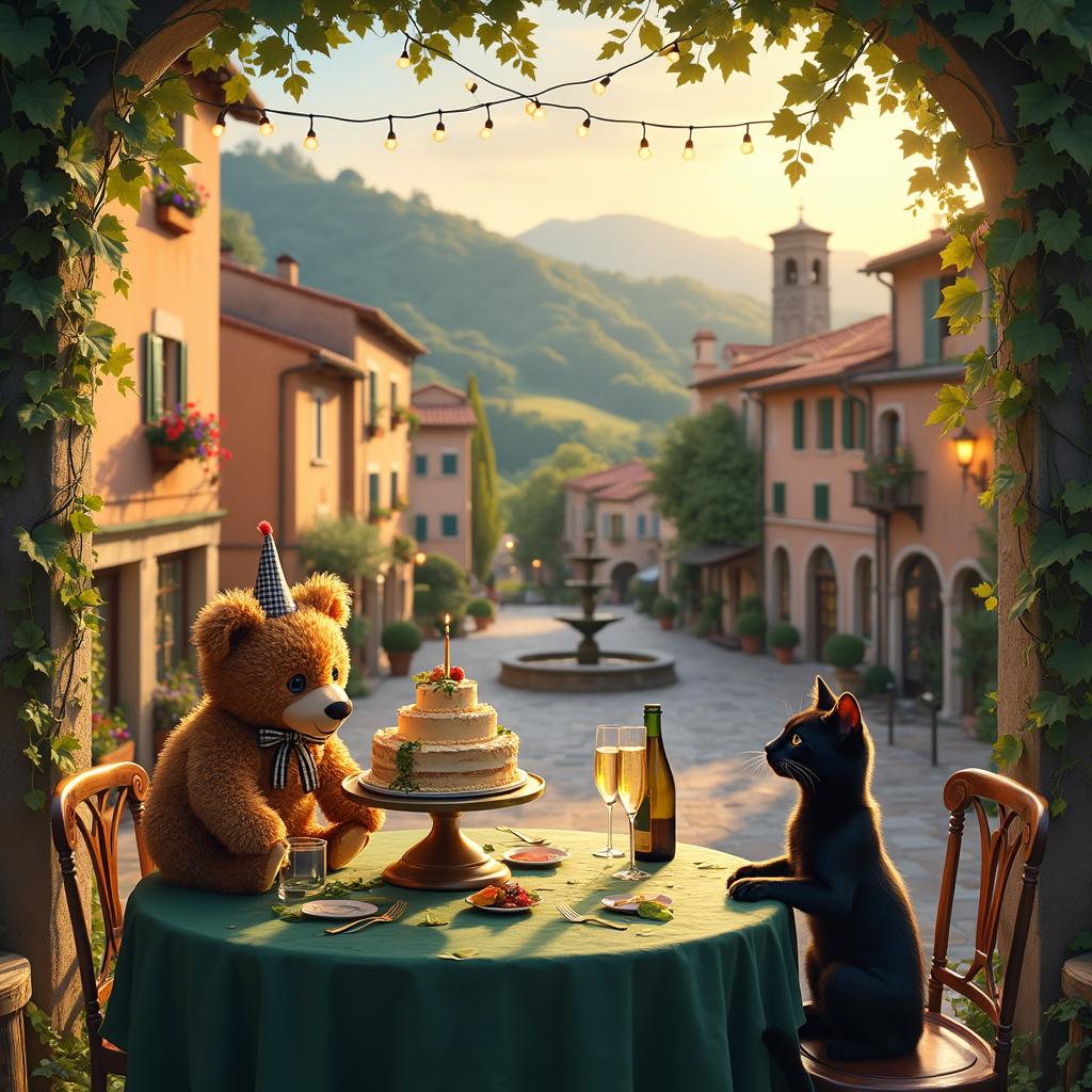 In the picturesque rolling hills of Tuscany, a charming village is illuminated by the golden hues of a late afternoon sun. Amidst the terracotta-roofed buildings, an intimate birthday celebration takes place in a quaint piazza. At the forefront sits a rustic wooden table, elegantly adorned for a festive feast, draped with a deep emerald green tablecloth that complements the lush grapevines entwined around the surrounding trellises.

A plump teddy bear with a tiny checkered bow tie perches on the table, joyfully clutching a mini bottle of prosecco, its shimmering golden foil catching the sunlight. Beside it, two sleek black cats sport tiny party hats tipped playfully to one side. One mischievous cat is batting at a cluster of colorful balloons tethered to a wrought-iron chair. 

The background features a cobblestone street meandering past quaint storefronts, each adorned with flower boxes bursting with vibrant red geraniums and purple petunias. At the heart of the piazza, two elegant black and white cats are seated on a fountain, their tails elegantly curled and their gaze fixed on a birthday cake at the center of the table. This cake, adorned with delicate green frosting leaves and topped with a single lit candle, beckons for celebration.

Next to the cake, an uncorked prosecco bottle froths enticingly, while waiting glasses filled with effervescent bubbles are ready for clinking. Overhead, strings of fairy lights crisscross between the buildings, casting a soft, warm glow over the scene. In the distance, the silhouette of an old Italian bell tower rises against a dusky sky, completing this idyllic tableau.

Every element, from the playful cats to the meticulously detailed Italian village, creates a whimsical and heartwarming scene that joyfully celebrates birthdays in a uniquely charming manner. 

Generated with these themes: Black Cats, Prosecco, Italy, Green, Teddy bears, and Black and white cats.  
Made with ❤️ by AI.