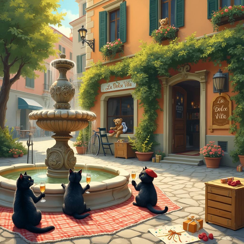The birthday greeting card front cover features a whimsical Italian piazza basking in golden sunlight. Cobblestones in soft, warm shades create the square, leading to a grand, intricate marble fountain at its center, reminiscent of Norman Rockwell’s detailed environments. The fountain is adorned with cherubs playfully pouring water from amphoras. Surrounding this enchanting feature, elegant black cats lounge about, their glossy fur beautifully contrasting with the sun-dappled stones. One particularly charming black cat perches atop the fountain's edge, sporting a tiny gondolier’s hat—a playful nod to Venice. Nearby, a bottle of prosecco rests on a wooden crate, its label artistically reminiscent of Aubrey Beardsley's intricate line work. Flutes of sparkling prosecco are held delicately by two teddy bears seated on a red and white checkered picnic blanket, these bears exuding the gentle charm akin to Maurice Sendak's creatures as they clink their glasses in a silent toast.

The background unfolds into a cozy Italian café, its façade draped in climbing green ivy and vibrant flowers adorning the window boxes. The café's name, "La Dolce Vita," is elegantly scripted on a vintage wooden sign hanging above the door. Through an open window, a black and white cat, echoing Beatrix Potter's animal charm, sits curiously on the windowsill, observing the festive celebration outside. Framing the scene are trees with lush green foliage inspired by Maxfield Parrish’s verdant landscapes. On one of these trees, a swing hosts a teddy bear clad in a stylish beret, subtly blending French influences into this Italian setting.

In the foreground, a piece of parchment is revealed, complete with a wax-sealed envelope as though just opened, along with a handwritten birthday note. Scattered confetti and a small, wrapped gift enhance the celebratory atmosphere. Every element is infused with intricate details and whimsical touches, weaving a vivid, enchanting birthday narrative filled with black cats, prosecco, Italy, rich green hues, teddy bears, and black and white cats, all coalescing into a delightful scene. 

Generated with these themes: Black Cats, Prosecco, Italy, Green, Teddy Bears, and Black and White Cats.
Made with ❤️ by AI.