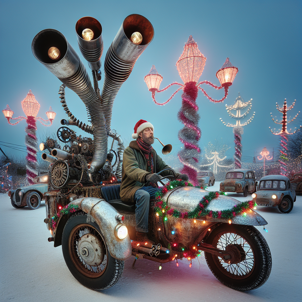 In a whimsical winter landscape, a run-down sidecar, festively draped in tinsel and fairy lights, is the main focal point. Within, a quirky 'bad dad' character, sporting a Santa hat askew, orchestrates a bizarre symphony using car parts as makeshift instruments. Rusty exhaust pipes double as horns, and the sidecar vibrates with the jingle of timing chains turned into chimes. In the surreal surroundings, candy cane-striped lampposts twist into the sky and wonky, snow-covered cars dance to the rhythm, their headlights blinking in holiday patterns.
Generated with these themes: sidecar/bad dad/car parts.
Made with ❤️ by AI.