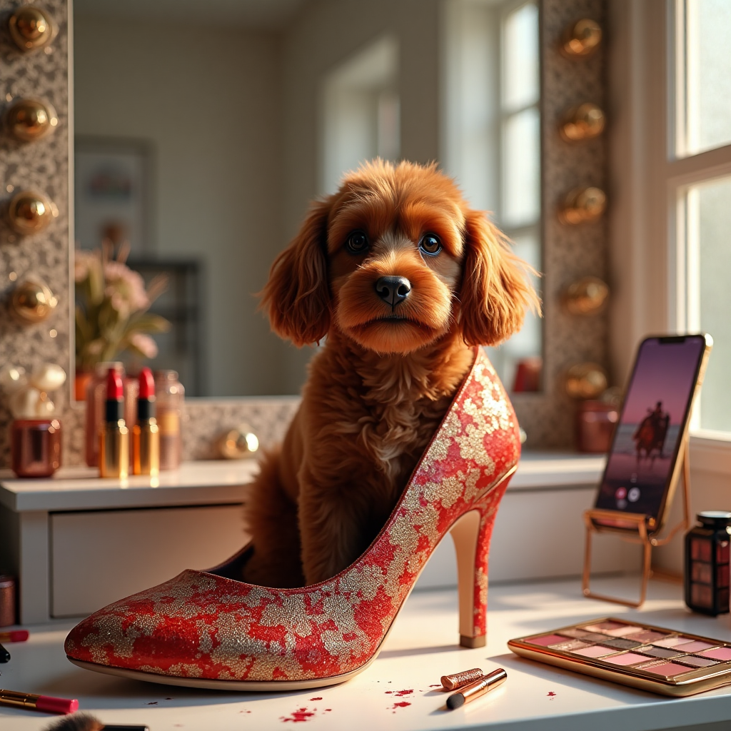 ### Image Prompt

At the top of the Photorealistic picture taken from a camera image, the text reads: "Happy 30th Birthday Florence".

A whimsical and ultra-realistic scene captures the essence of a birthday celebration for a fashion-forward social media influencer named Florence. The focal point is a stylish Red Cockapoo, perched comfortably inside an oversized, high-fashion designer shoe, looking directly into the camera with an expression of adorable sophistication.

The shoe, an extravagant piece with a vibrant pattern, stands out on a glamorous dressing table adorned with scattered makeup products like lipsticks, brushes, and a palette of shimmering eyeshadows. 

In the background, an illuminated vanity mirror reflects a hint of a mobile phone on a stand, streaming a live video, capturing the birthday festivities for an online audience.

The room is bathed in soft, natural light streaming through a nearby window, casting elegant shadows and highlighting the lush textures of the scene, from the dog's glossy fur to the shoe's fine leather.

Across the image, at the bottom, a cheeky line of text reads: "Stepping into your 30s with style (and paws)!"
Generated with these themes: Shoes, Red Cockapoo, Fashion , Makeup, Social Media , and .
Made with ❤️ by AI.